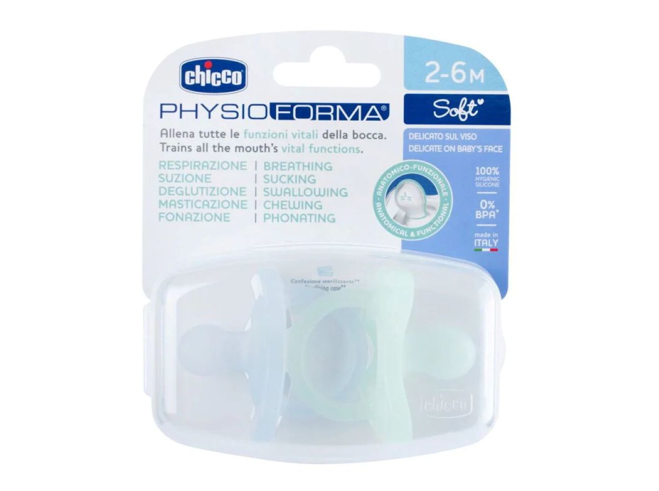 CHUPETA SOFT CHICCO SILICONE AZUL E INCOLOR 2-6MESES 2UN