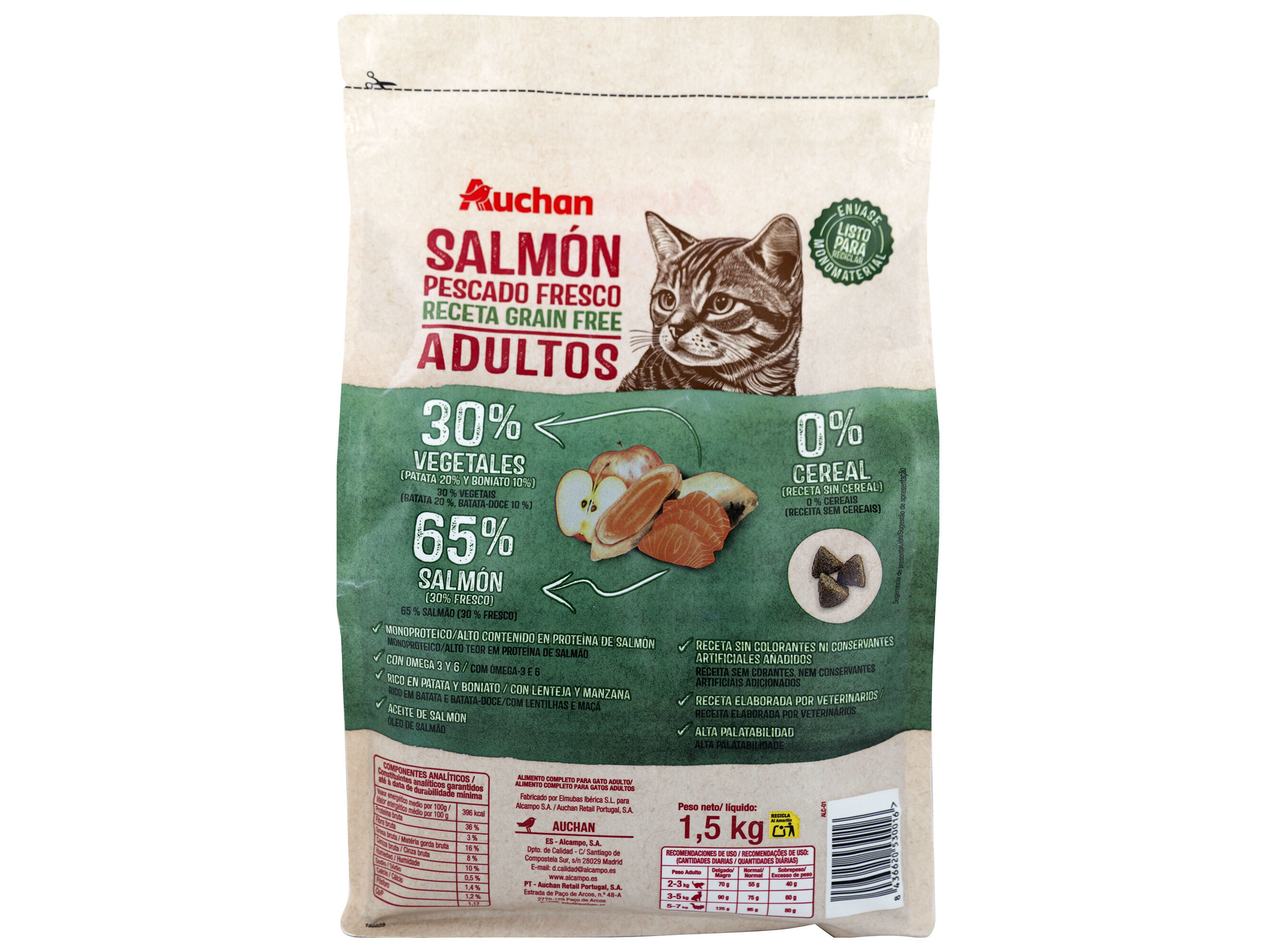 RA&Ccedil;&Atilde;O PARA GATO AUCHAN GRAIN FREE SALM&Atilde;O FRESCO 1.5KG image number 1
