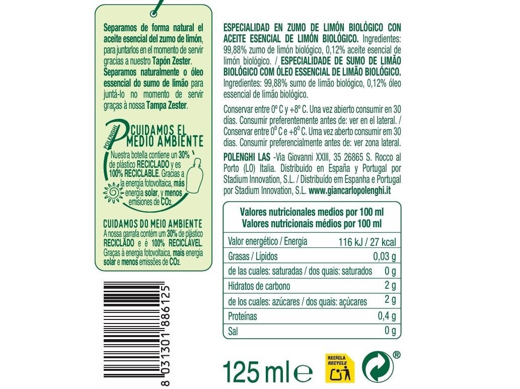 SUMO DE LIM&Atilde;O BIO POLENGHI 125ML image number 1