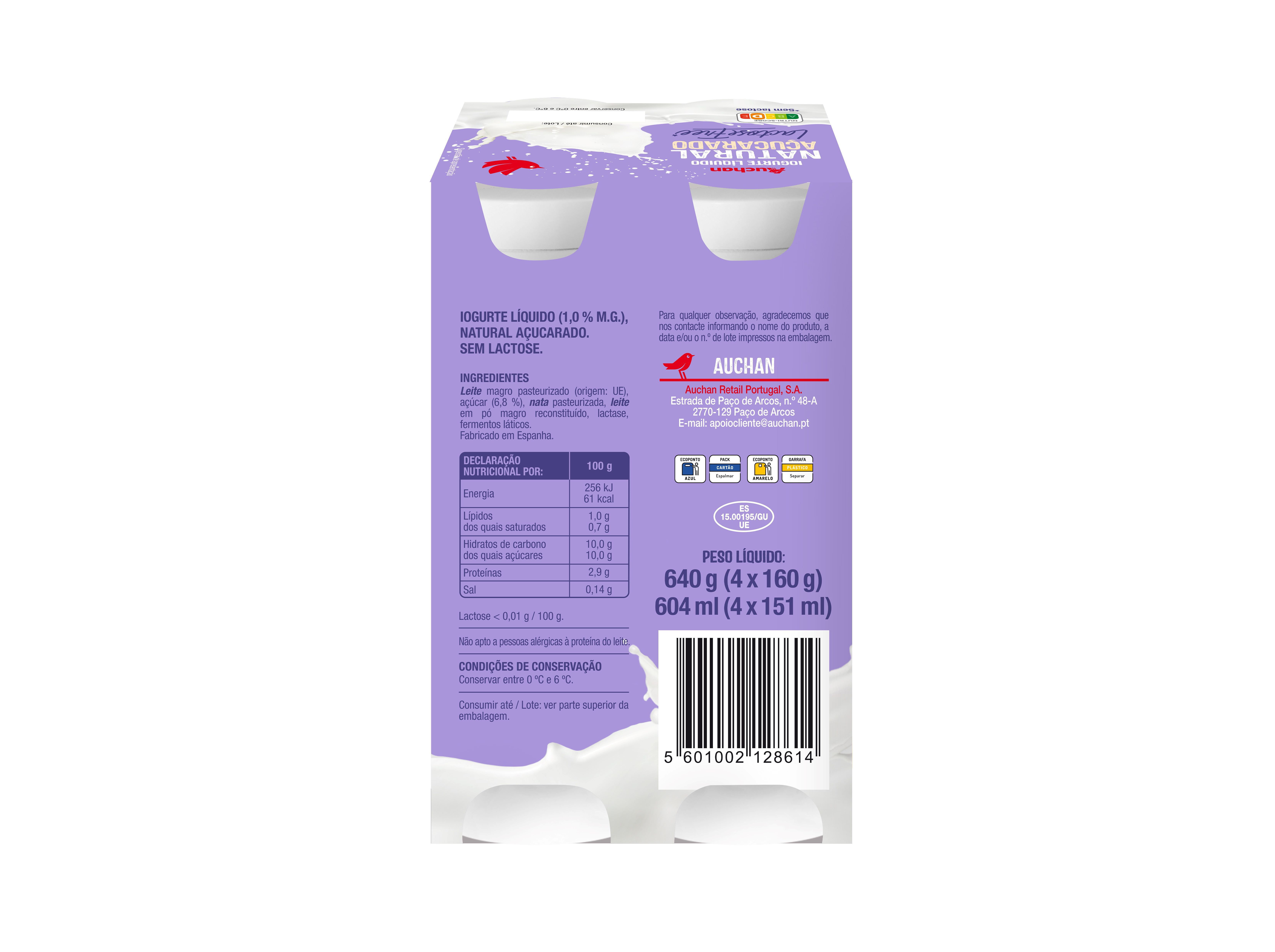 IOGURTE L&Iacute;QUIDO AUCHAN SEM LACTOSE NATURAL A&Ccedil;UCAR 4X160G image number 1