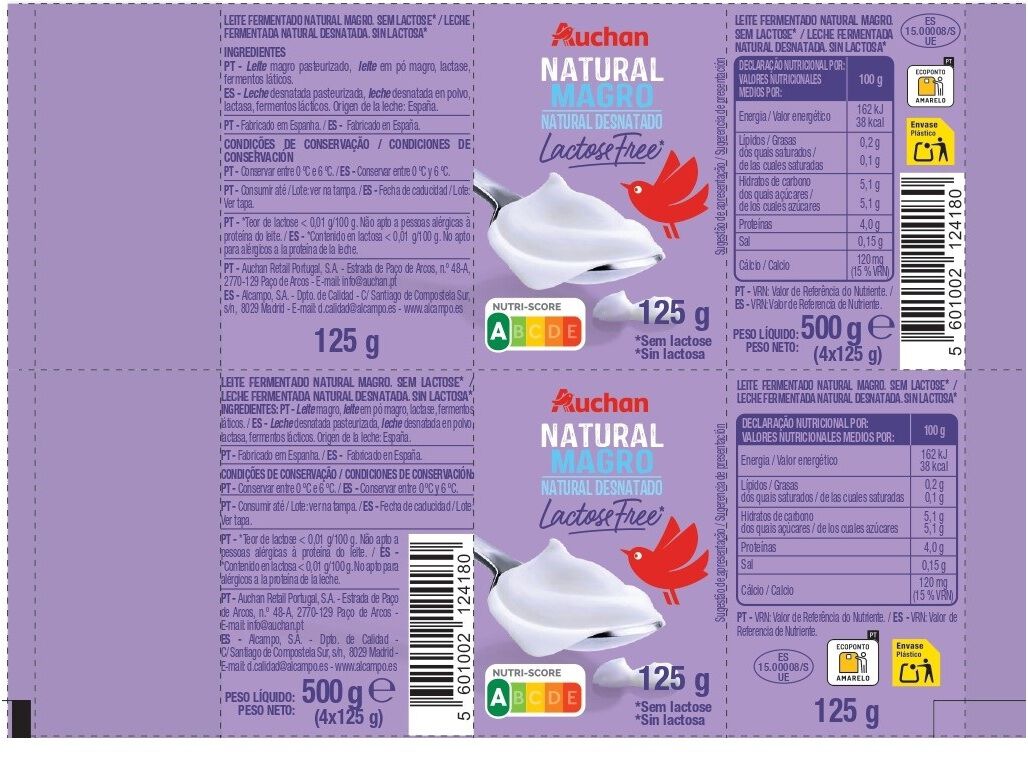 IOGURTE NATURAL MAGRO AUCHAN SEM LACTOSE 4X125G image number 1