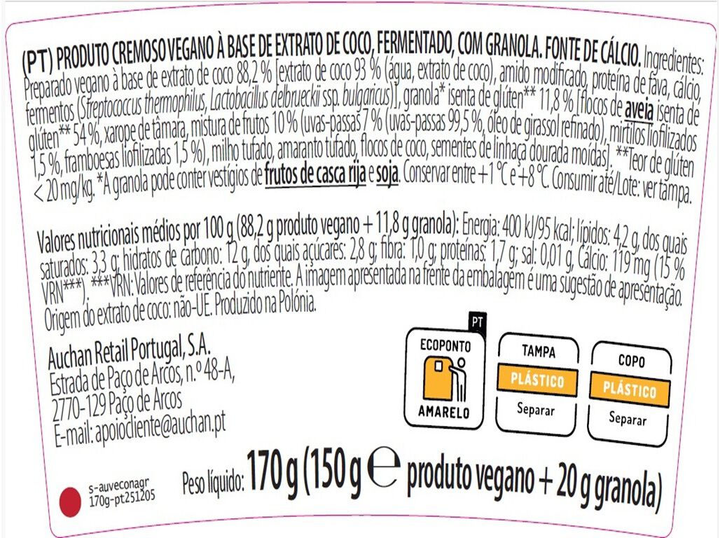 COCOGURTE AUCHAN NATURAL/GRANOLA 170G image number 1