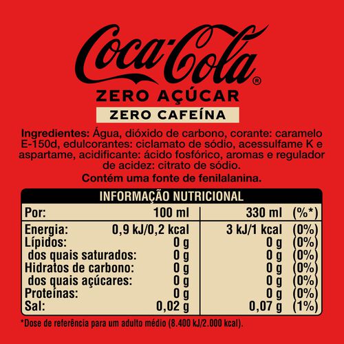 REFRIGERANTE COM GÁS COCA-COLA ZERO CAFEÍNA E ZERO AÇÚCAR 6X0.33L image number 1