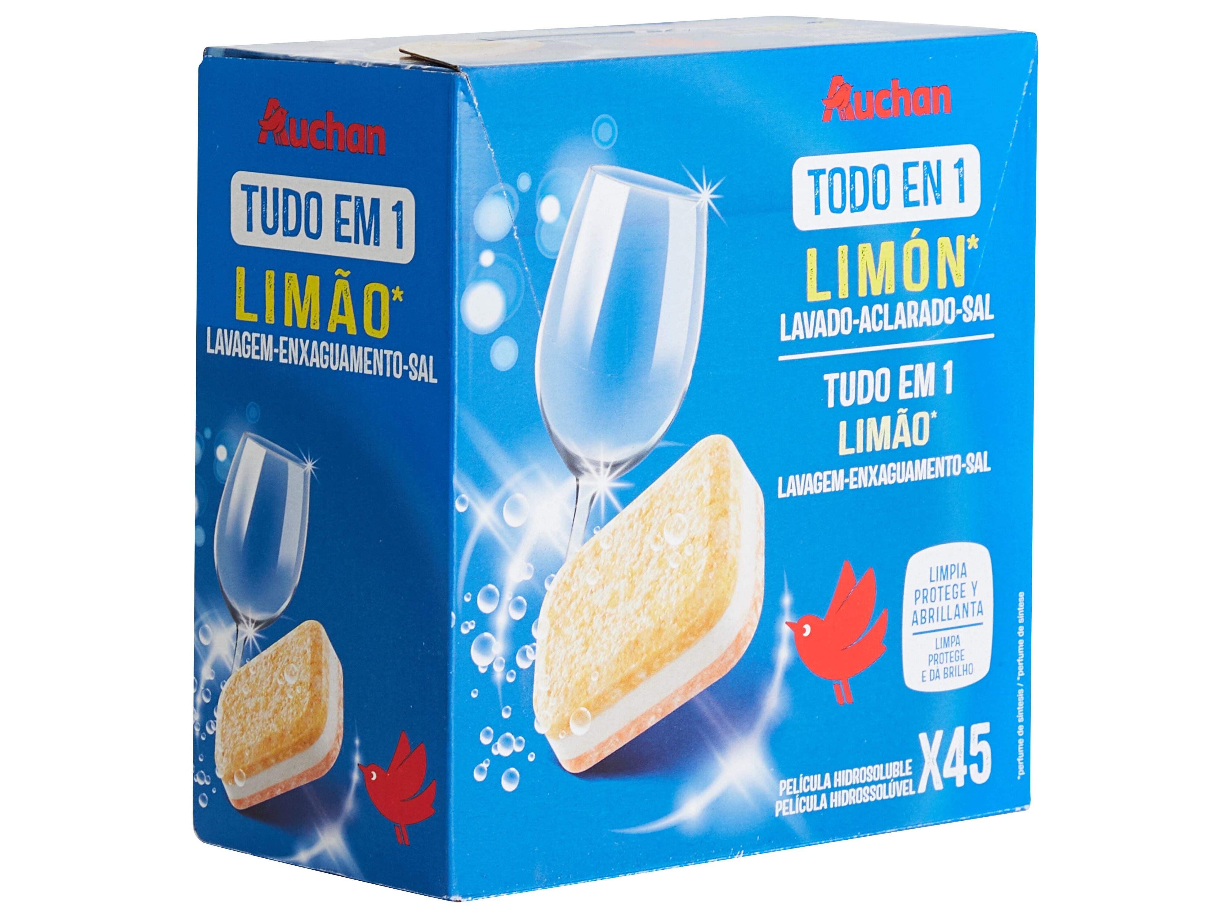 DETERGENTE AUCHAN M&Aacute;QUINA LOI&Ccedil;A PASTILHA TUDO EM 1 LIM&Atilde;O 45UN image number 1