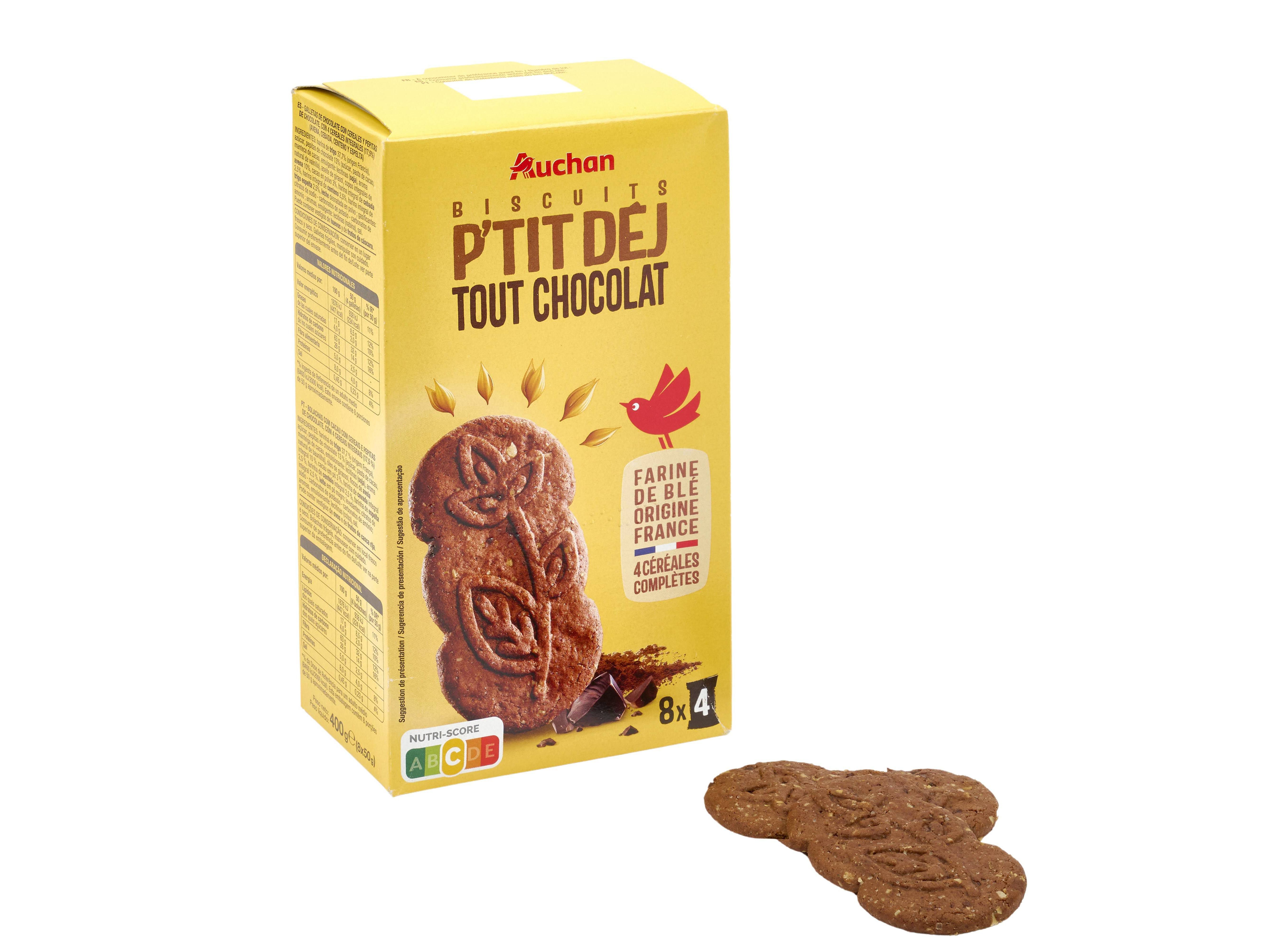 BOLACHA DE PEQUENO ALMO&Ccedil;O AUCHAN DE CHOCOLATE E PEPITAS DE CHOCOLATE 8 SAQ 400G image number 0