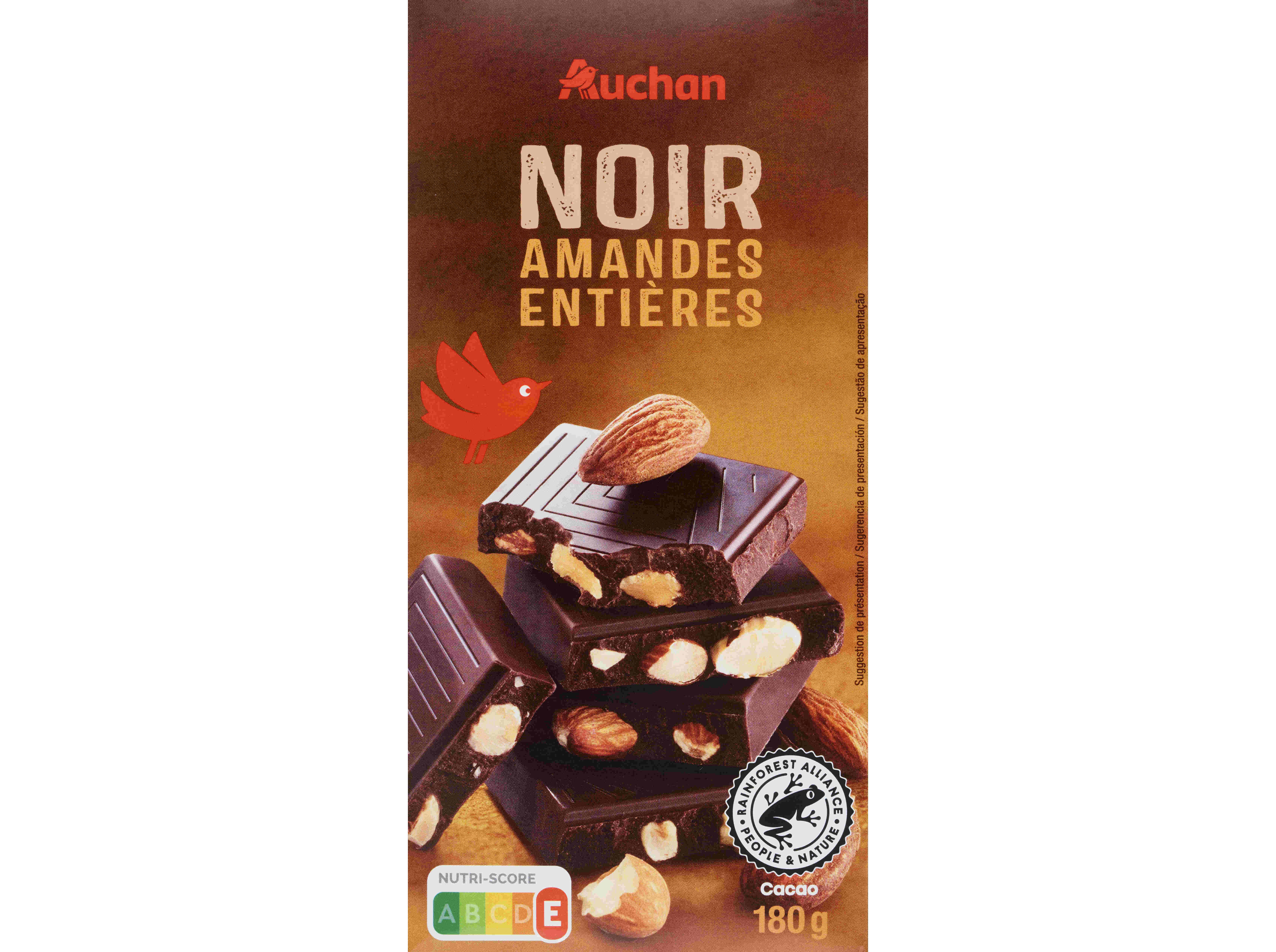 CHOCOLATE AUCHAN NEGRO COM AM&Ecirc;NDOA INTEIRAS 180G