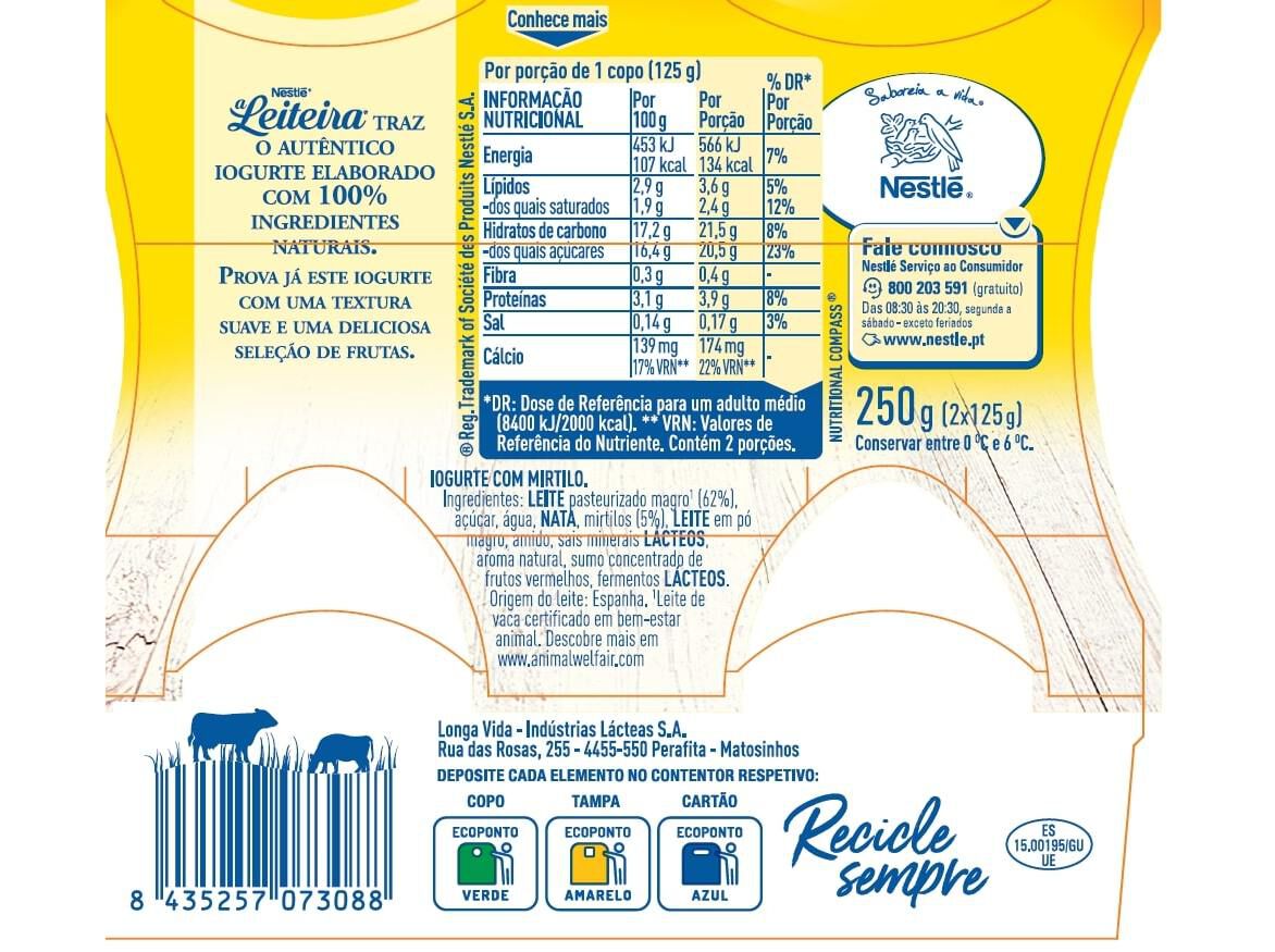 IOGURTE A LEITEIRA VIDRO MIRTILO 2X125G image number 1
