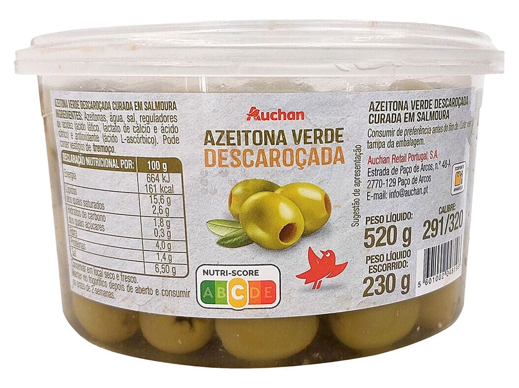 AZEITONA VERDE AUCHAN SEM CARO&Ccedil;O TA&Ccedil;A 520(230)G