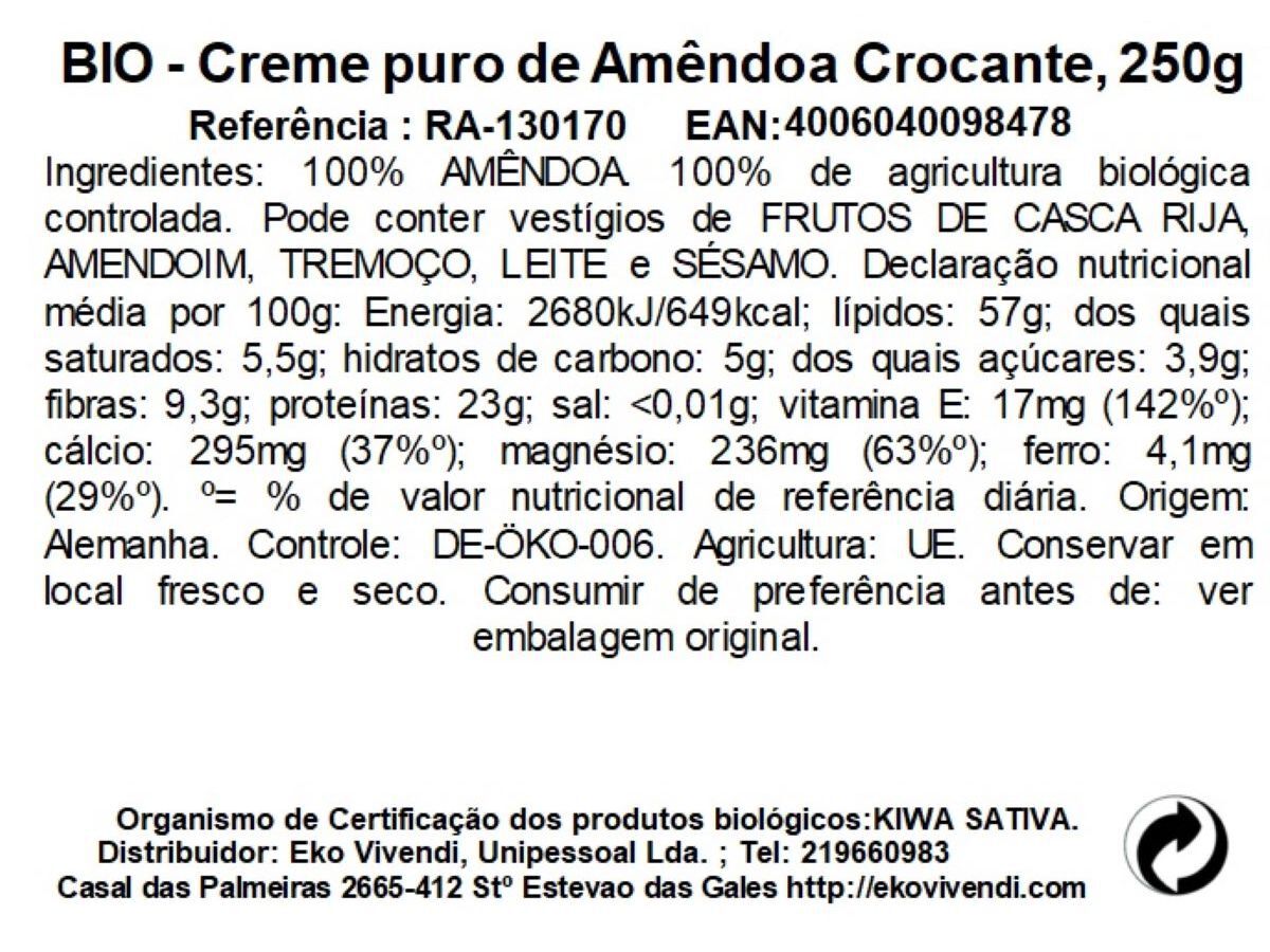 CREME DE AM&Ecirc;NDOA BIO RAPUNZEL CROCANTE 250G image number 1