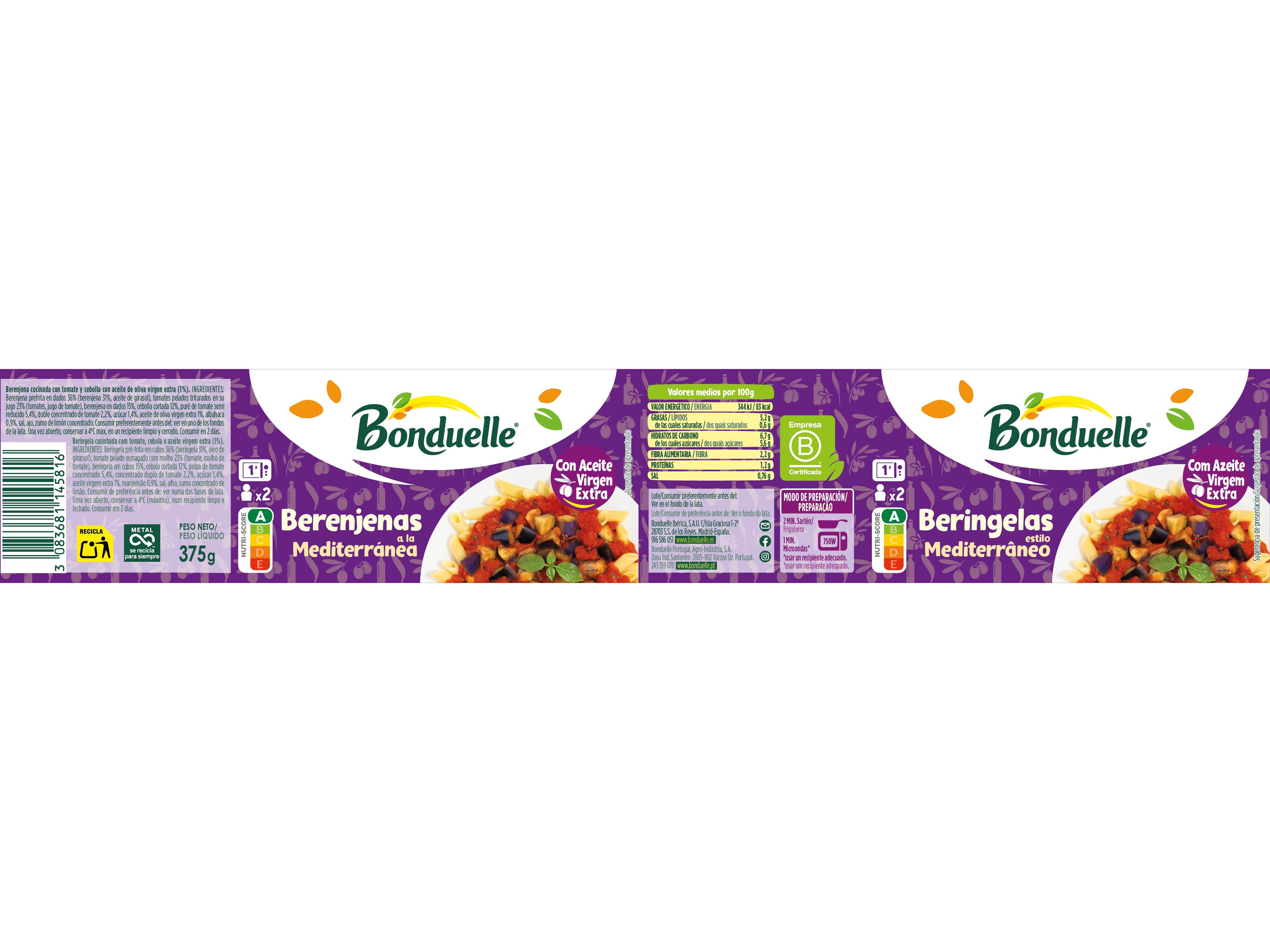 BERINGELAS BONDUELLE &Agrave; MEDITERRI&Acirc;NEA 375G image number 1