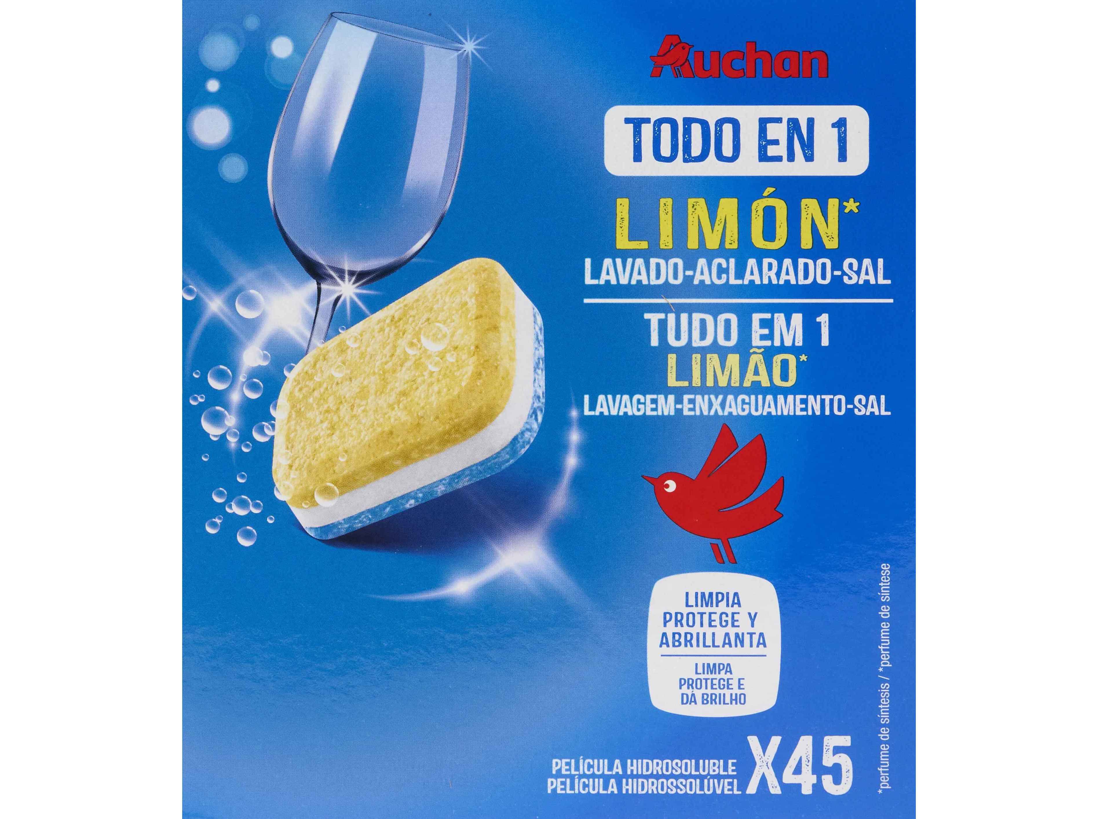 DETERGENTE LOI&Ccedil;A M&Aacute;QUINA AUCHAN PASTILHA TUDO EM 1 LIM&Atilde;O 45UN image number 0