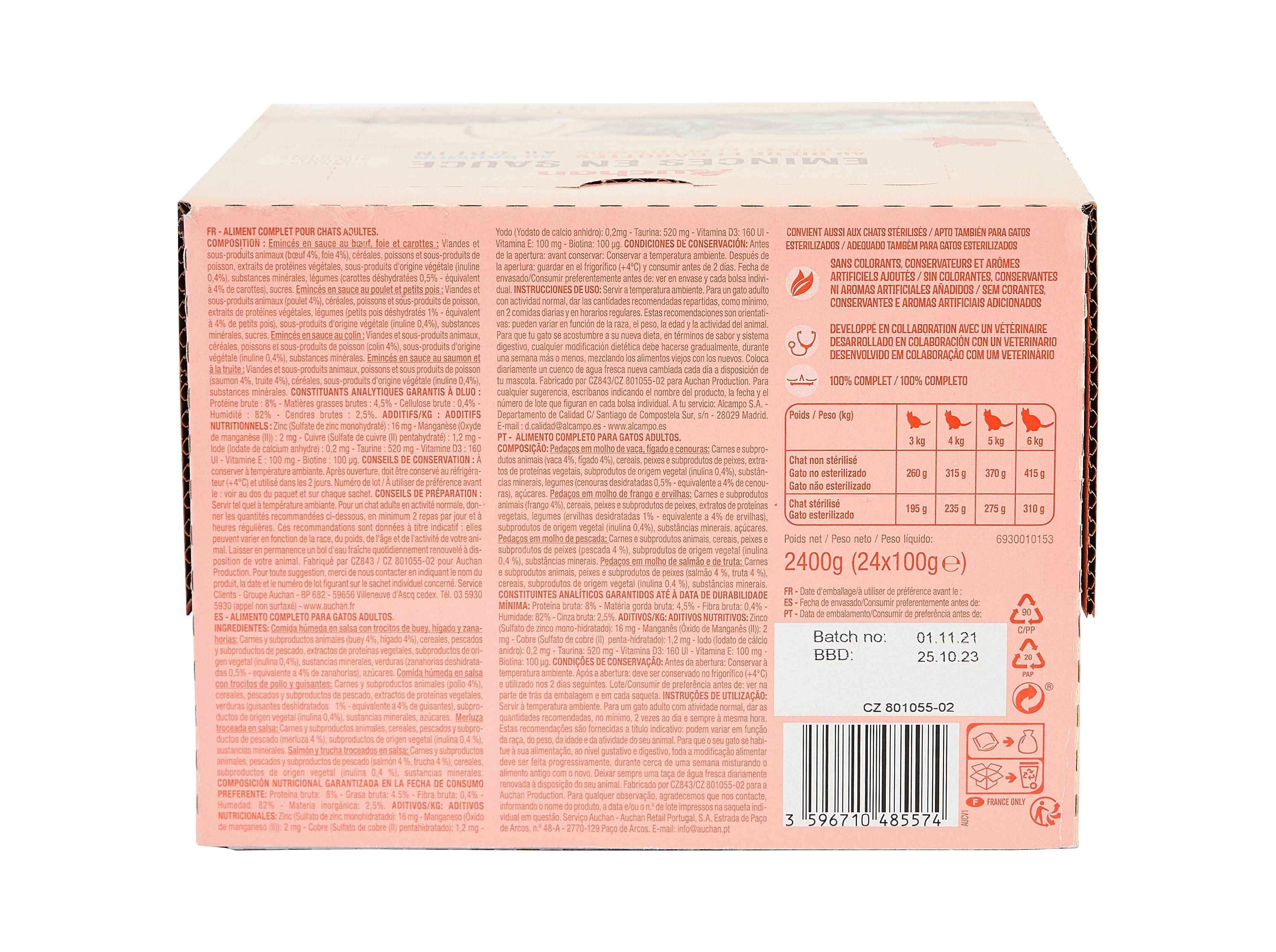 COMIDA H&Uacute;MIDA PARA GATO AUCHAN SAQUETAS PEDA&Ccedil;OS EM MOLHO MIX 24X100G image number 1