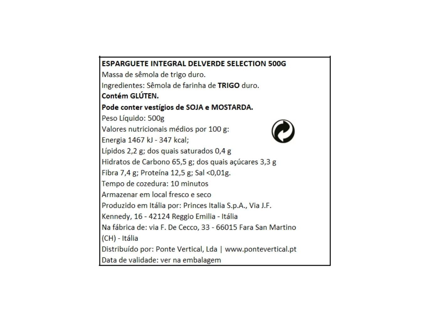 MASSA ESPARGUETE INTEGRAL DELVERDE SELECTION 500G image number 1