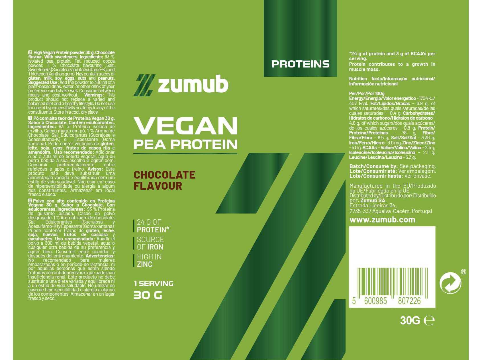 PROTEINA VEGAN ZUMUB CHOCOLATE 30G image number 1
