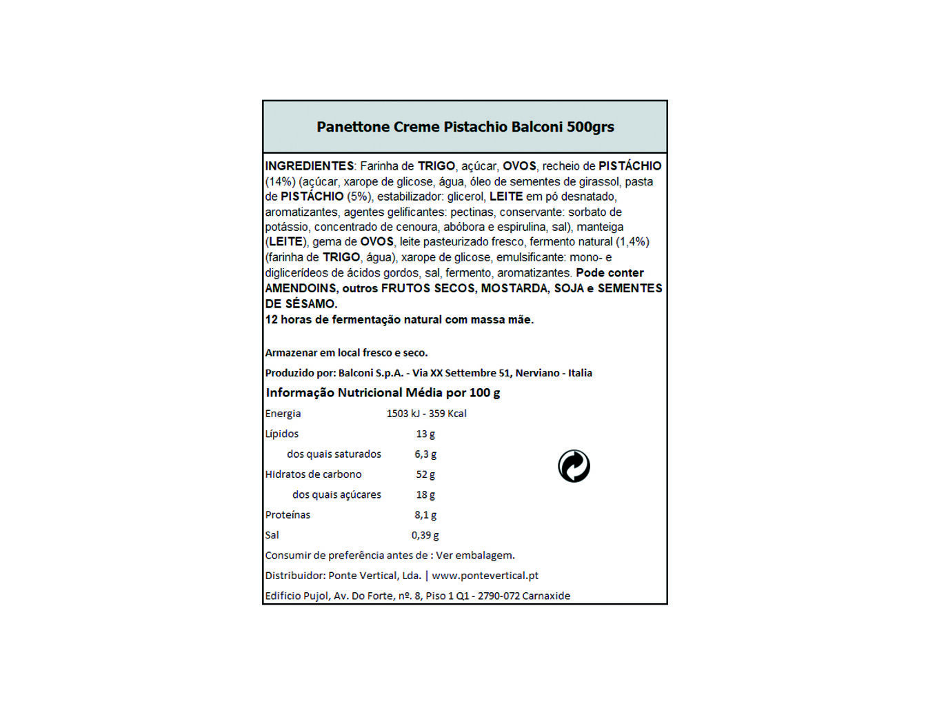 PANETTONE BALCONI CREME PISTACHIO 500G image number 1