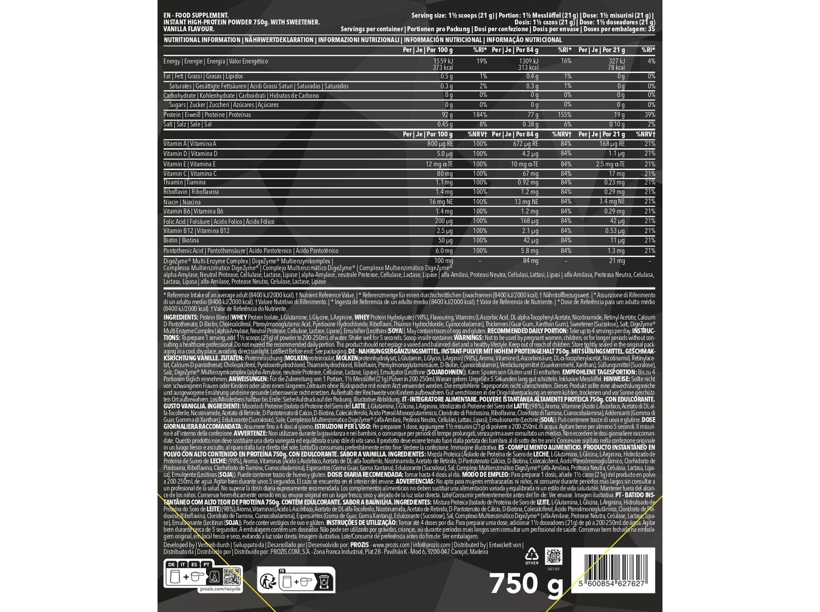 PROTE&Iacute;NA PROZIS ZERO DIET WHEY BAUNILHA 750G image number 2