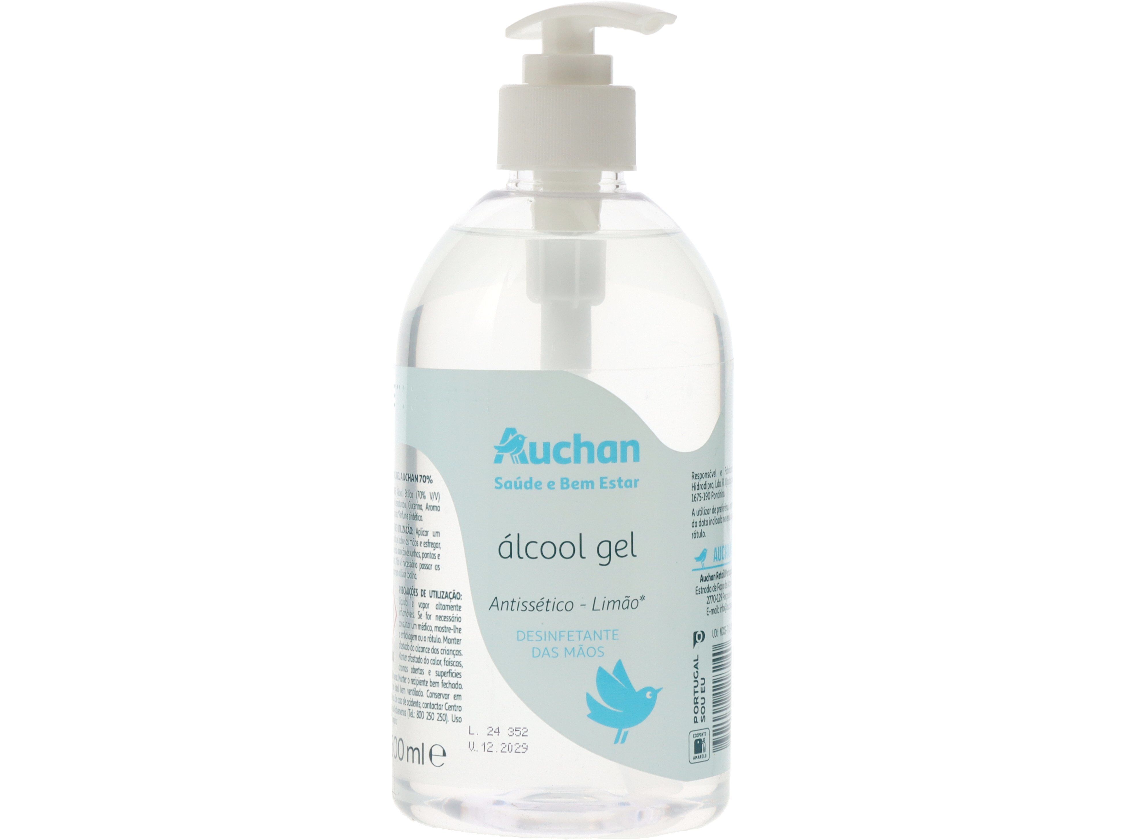 &Aacute;LCOOL GEL AUCHAN SA&Uacute;DE E BEM ESTAR PUMP ANTISS&Eacute;TICO LIM&Atilde;O 500ML