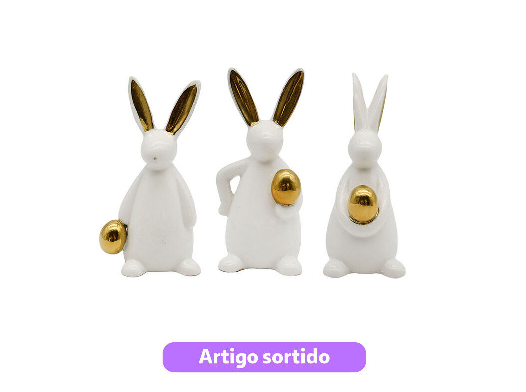 COELHO CER&Acirc;MICA COM OVO ACTUEL BRANCO/DOURADO 6X5X13.5CM MODELOS SORTIDOS