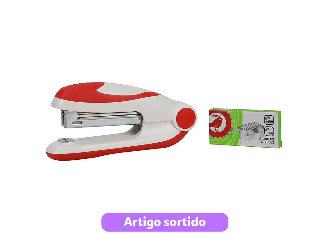 CONJUNTO DE MINI AGRAFADOR N.10 AUCHAN E CAIXA COM 400 AGRAFOS CORES SORTIDAS image number 1