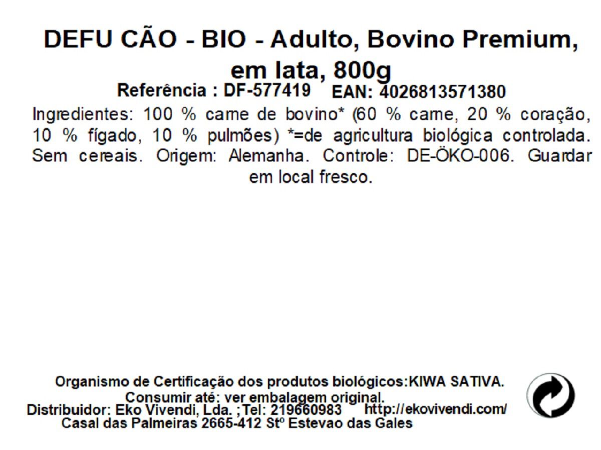 COMIDA H&Uacute;MIDA BIO C&Atilde;O DEFU BOVINO PREMIUM 800G image number 1