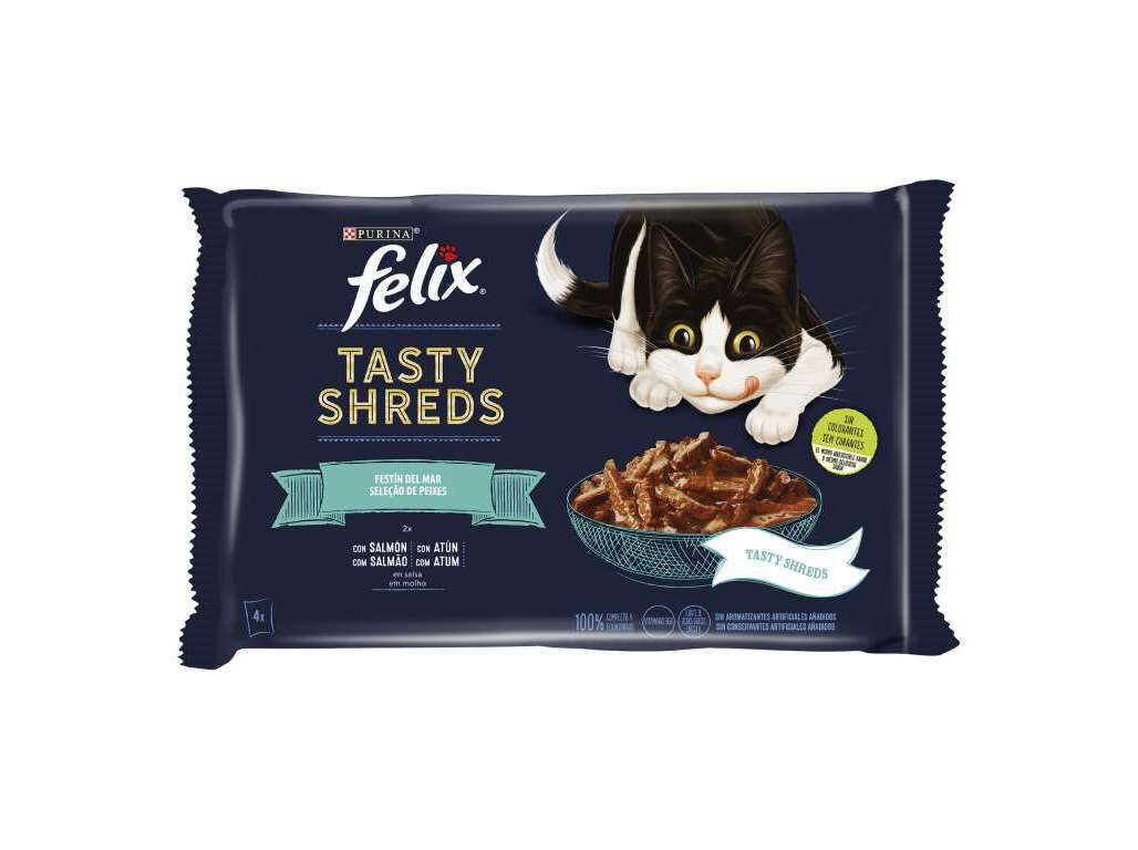 COMIDA H&Uacute;MIDA PARA GATO FELIX TASTY SHREDS SALM&Atilde;O E ATUM 4X80G