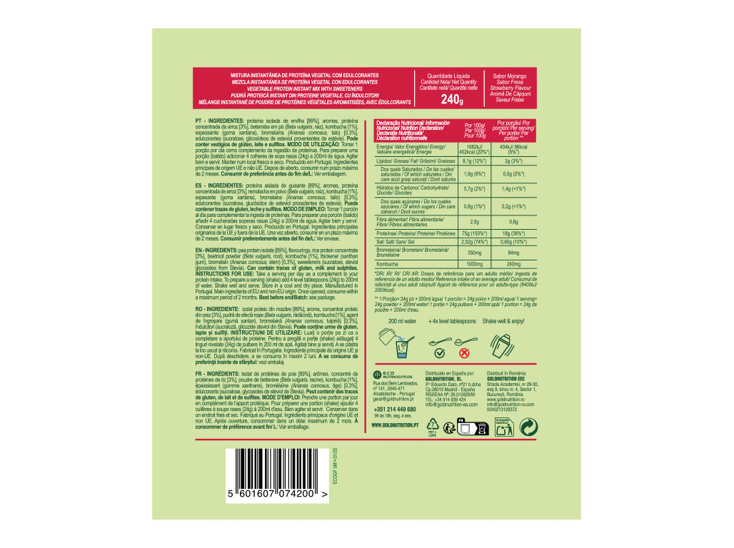 PROTE&Iacute;NA GOLDNUTRITION V-PROTEIN VEGETAL MORANGO 240G image number 1