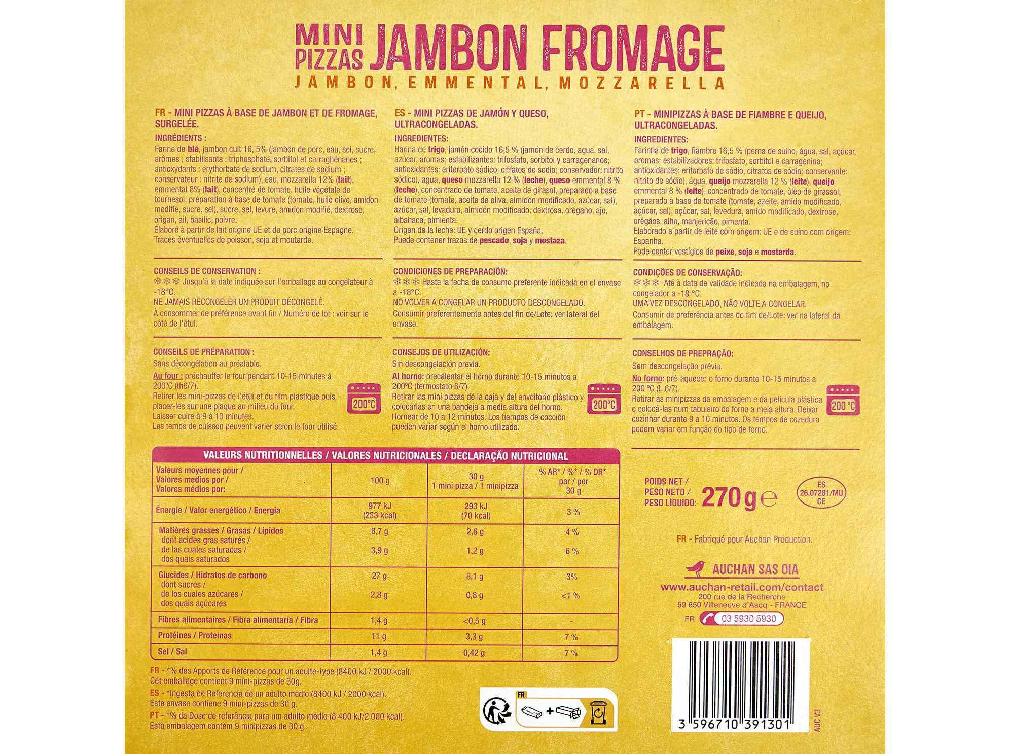 MINI PIZZAS AUCHAN FIAMBRE E QUEIJO 9UN 270G image number 1