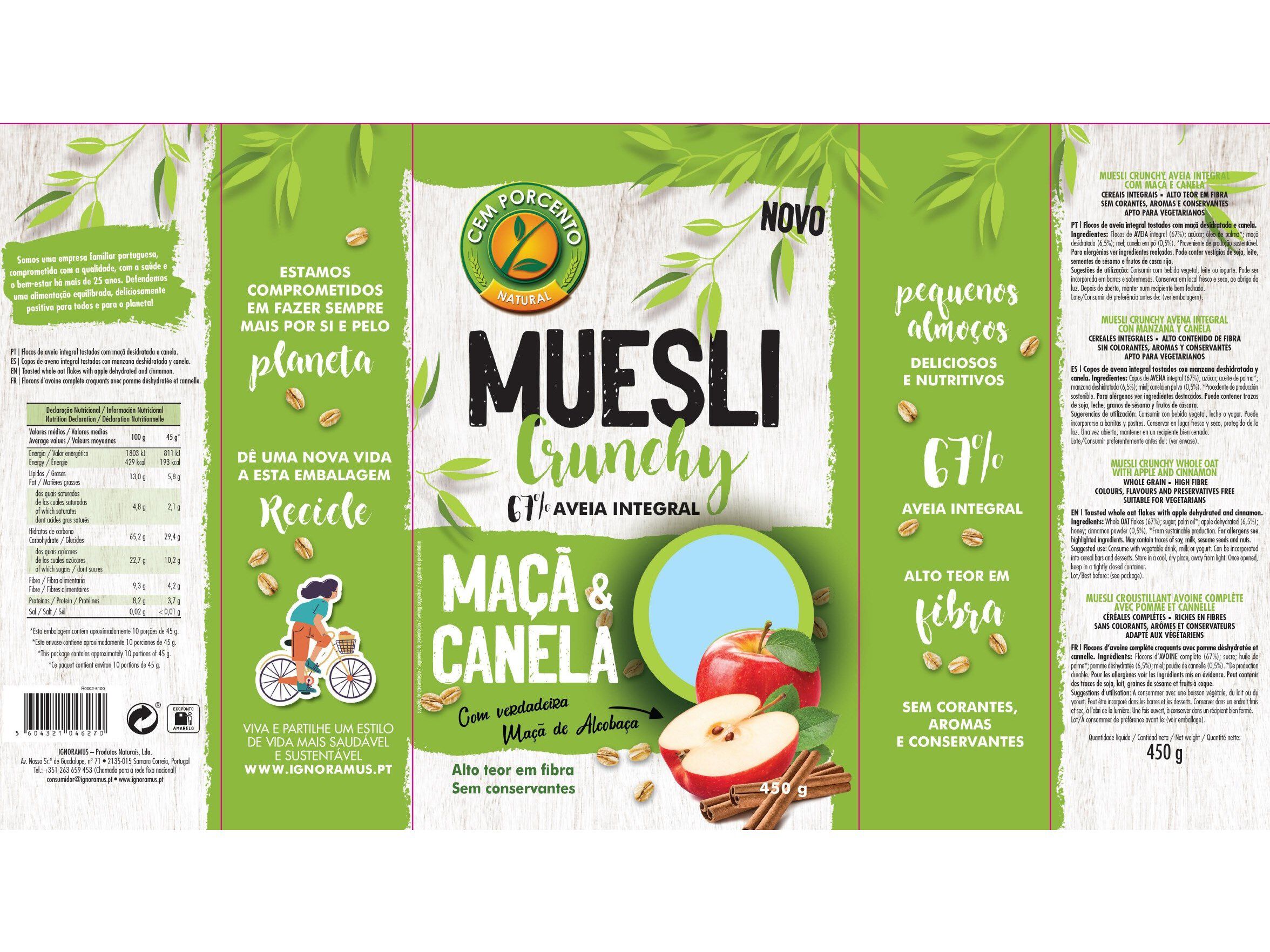 MUESLI CEM PORCENTO CRUNCHY MA&Ccedil;&Atilde; CANELA 450 G image number 1