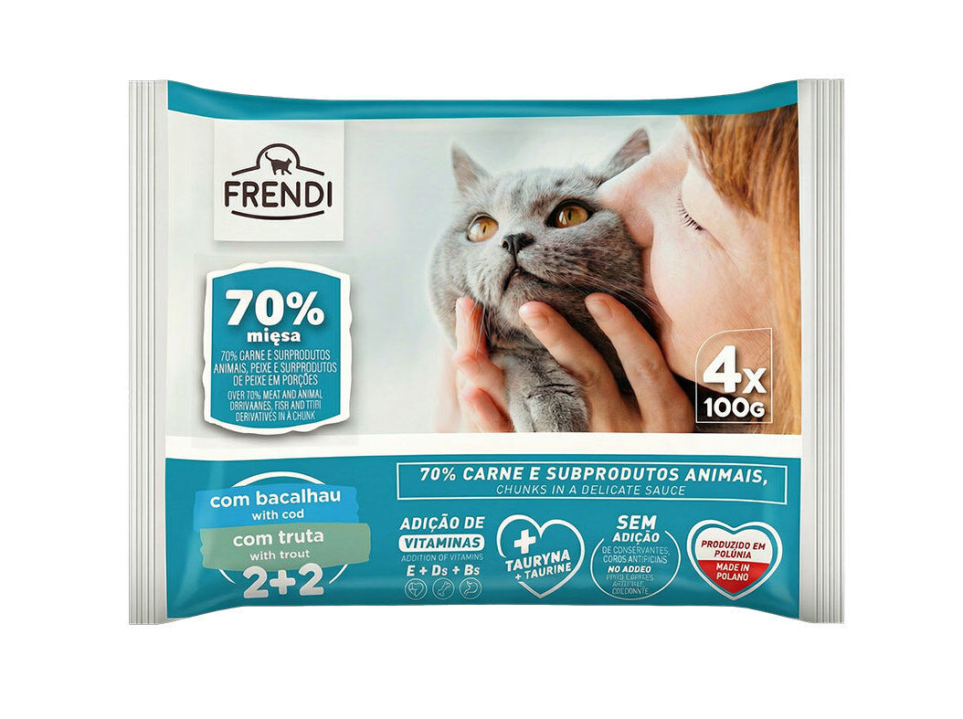 COMIDA H&Uacute;MIDA PARA GATO FRENDI SAQUETAS BACALHAU/TRUTA 4X100G image number 0