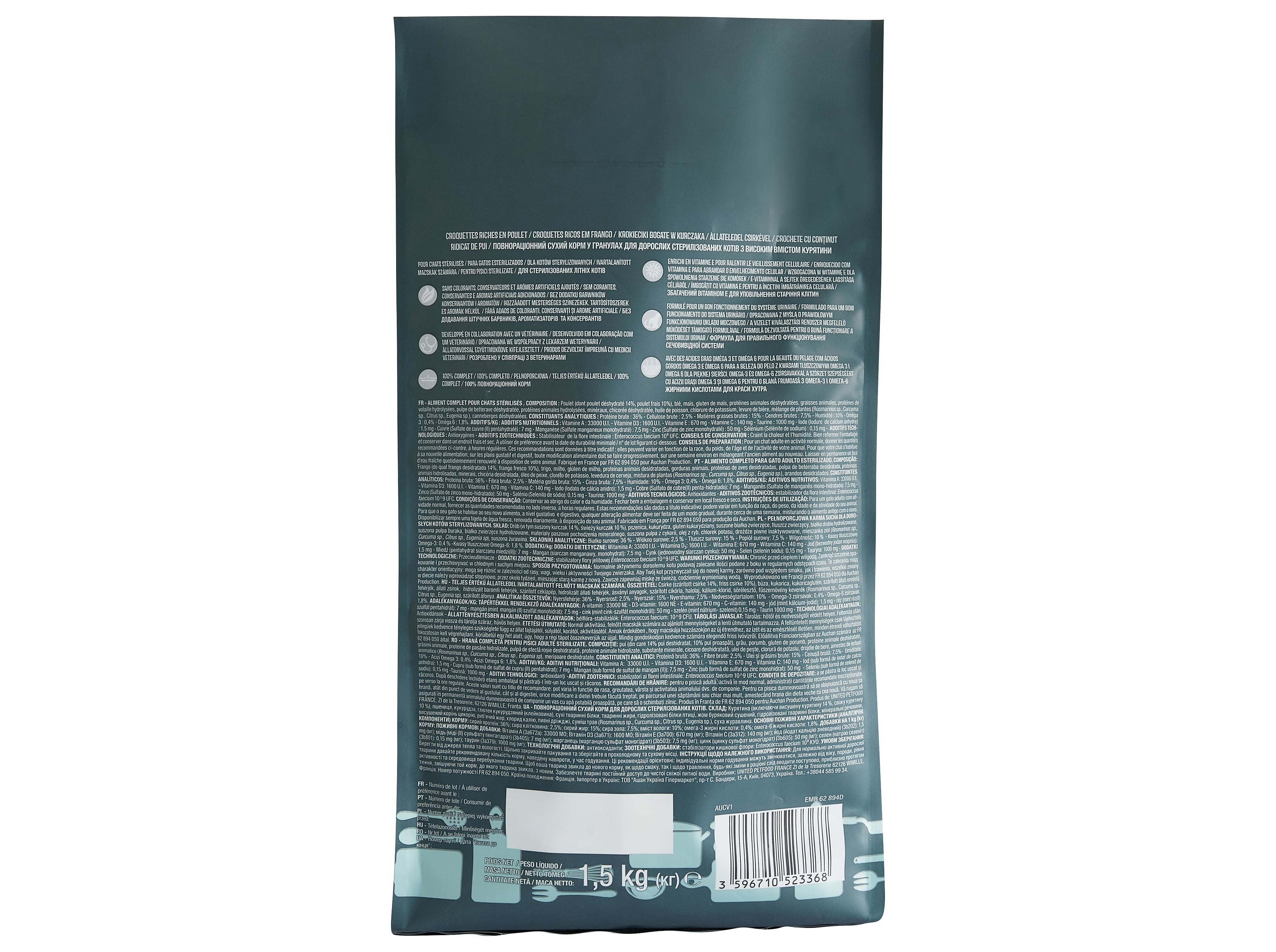 RA&Ccedil;&Atilde;O PARA GATO S&Eacute;NIOR AUCHAN ESTERILIZADO RICO EM FRANGO FRESCO 1.5KG image number 2