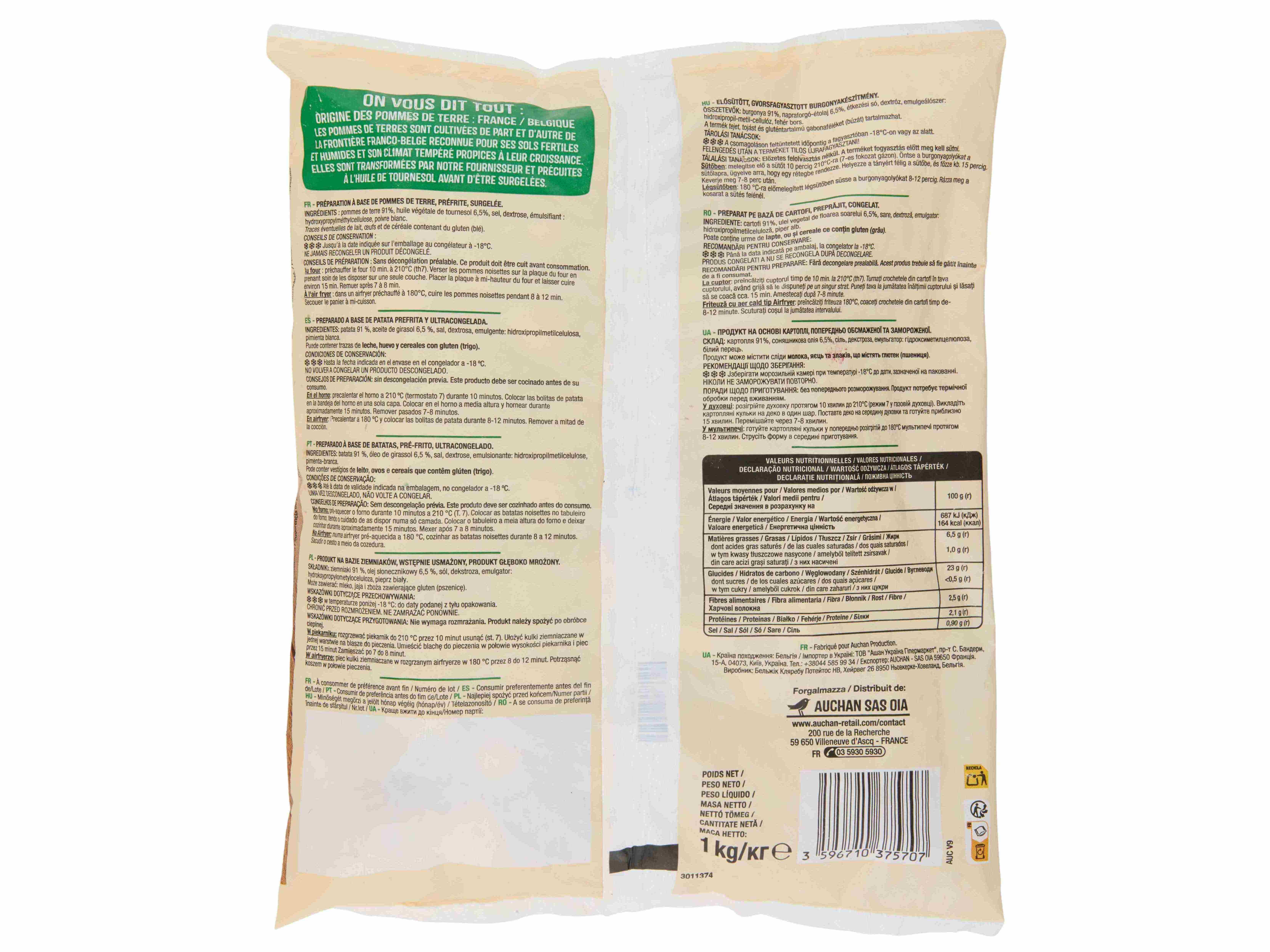 BATATAS PR&Eacute;-FRITAS AUCHAN NOISETTES PARA FORNO E AIRFRYER 1KG image number 1