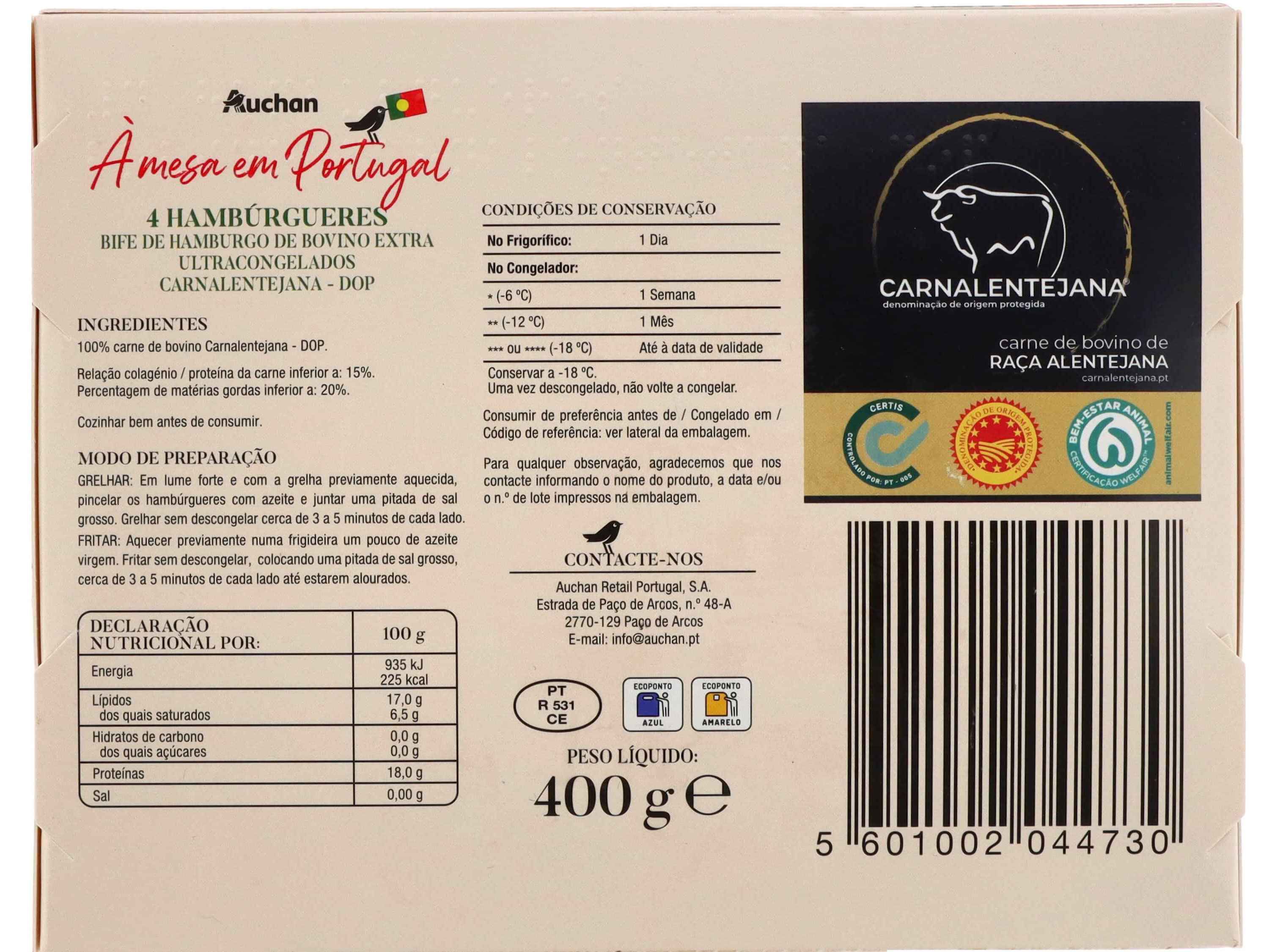 HAMB&Uacute;RGUERES DOP AUCHAN &Agrave; MESA EM PORTUGAL 100% BOVINO ALENTEJANO 4X100G image number 1
