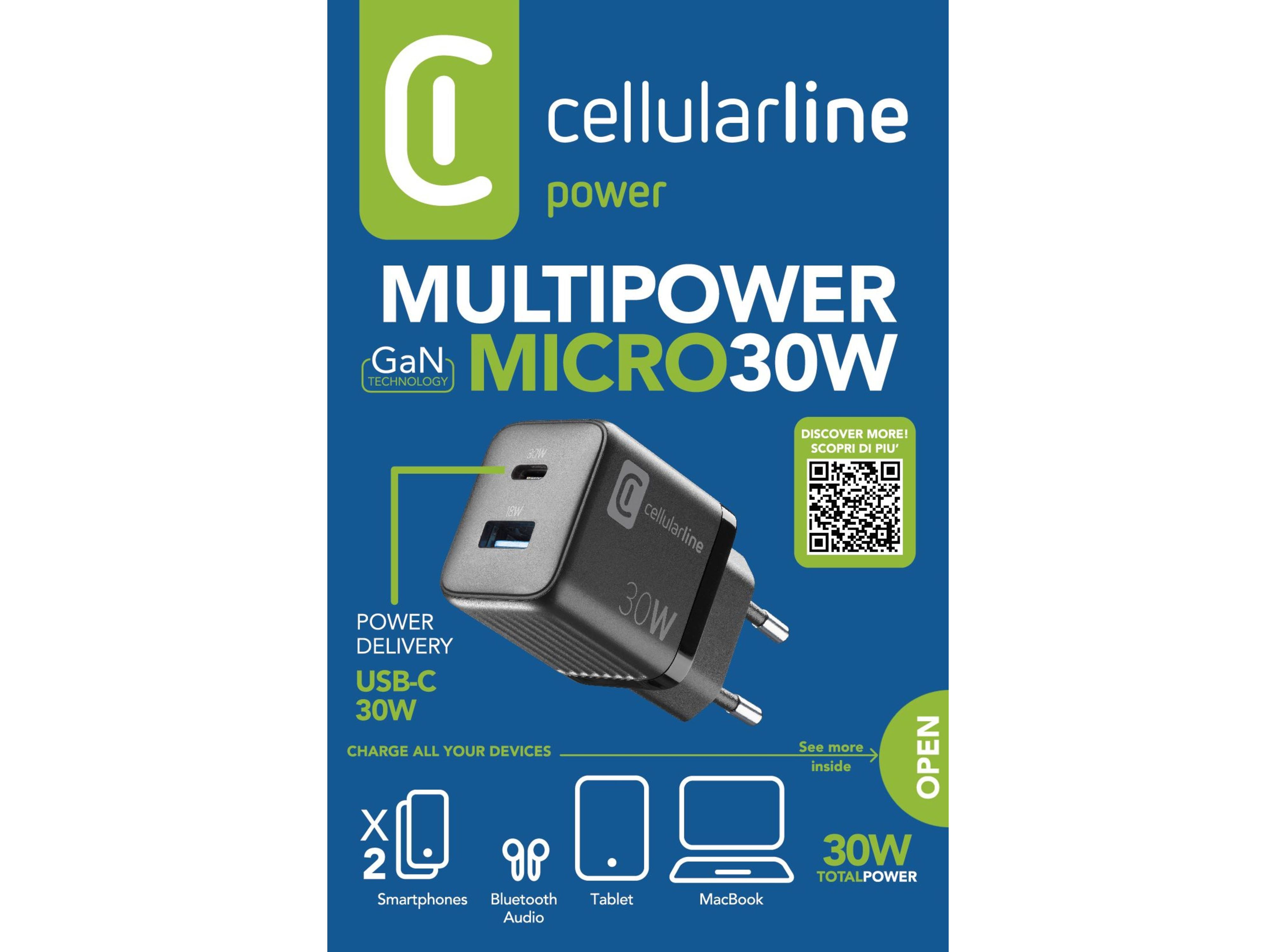 CARREGADOR CASA CELULLARLINE MULTIPOWER (2 PORTAS USB/USB-C 30W) image number 1