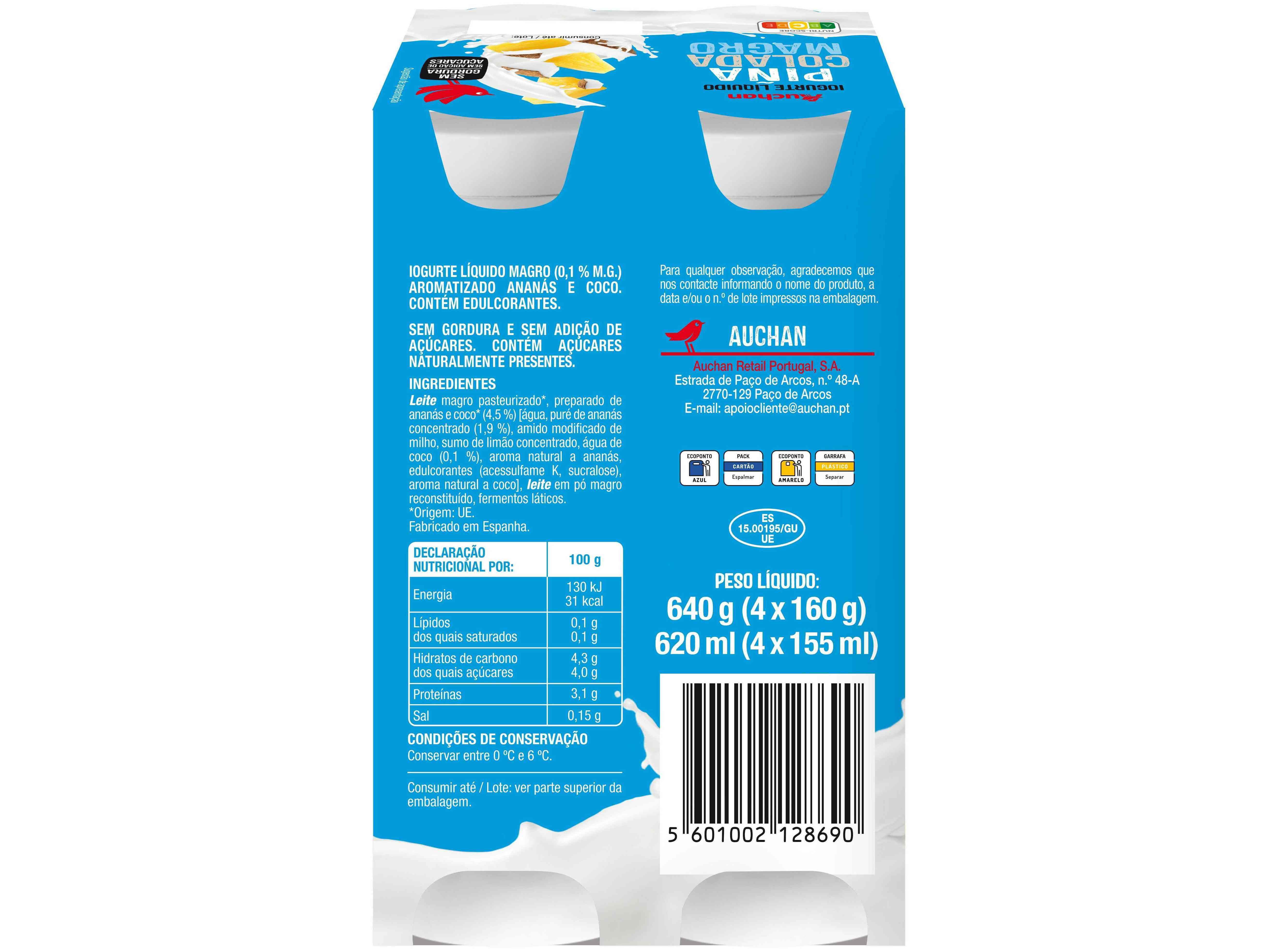 IOGURTE L&Iacute;QUIDO MAGRO AUCHAN PI&Ntilde;A COLADA 4X160G image number 1