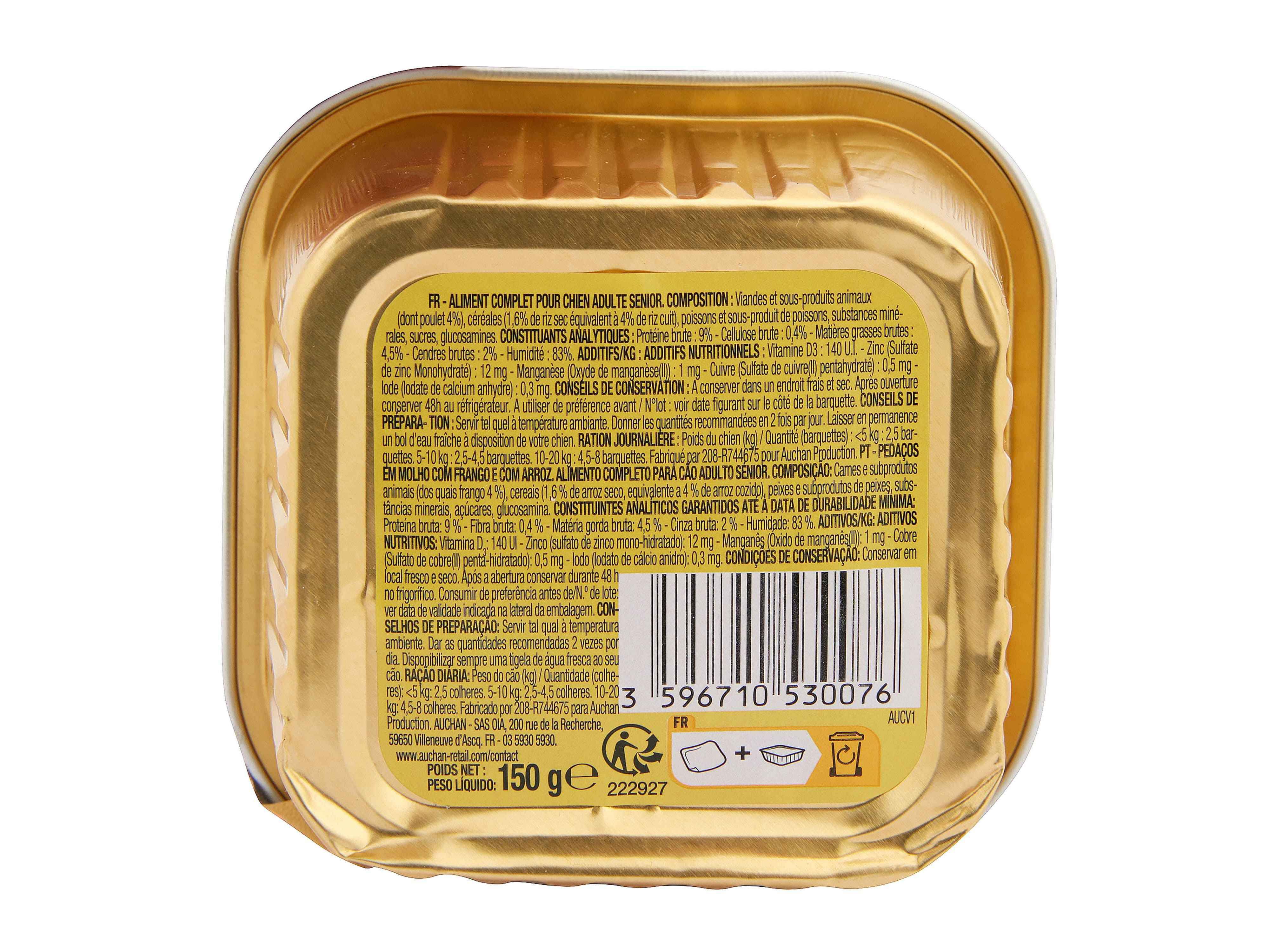 COMIDA H&Uacute;MIDA PARA C&Atilde;O AUCHAN S&Eacute;NIOR PEDA&Ccedil;OS EM GELEIA COM FRANGO E COM ARROZ 150G image number 2