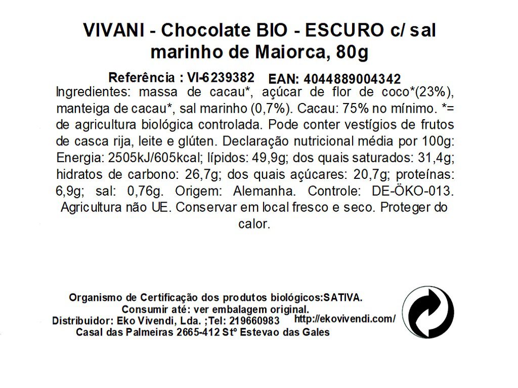 CHOCOLATE VIVANI PRETO COM SAL MARINHO BIO 80G image number 1