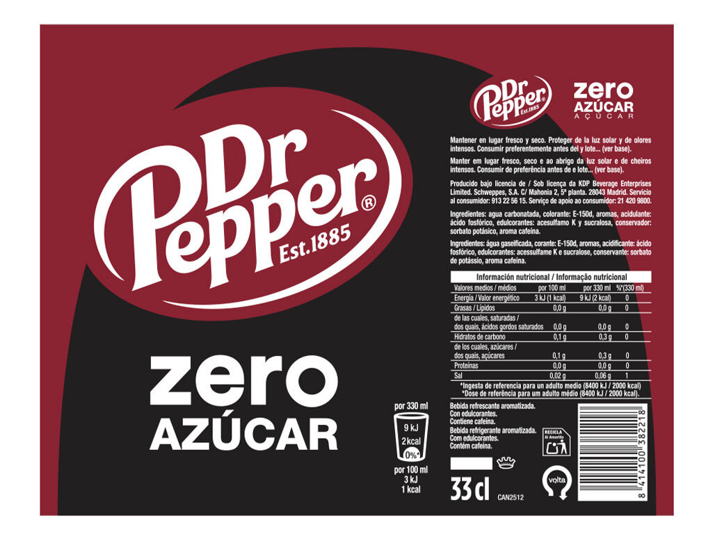 REFRIGERANTE C/G&Aacute;S DR PEPPER ZERO LATA 0.33L (SDR) image number 1