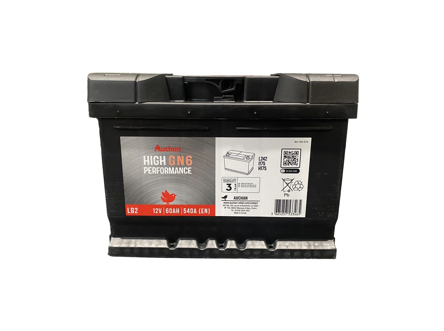 BATERIA AUTO AUCHAN GN6 60AH/540A