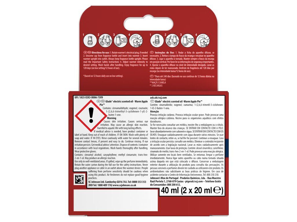AMBIENTADOR EL&Eacute;CTRICO RECARGA GLADE WINTER WARM APPLE PIE 2X20ML image number 1