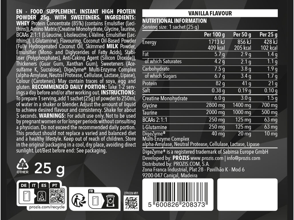 SAQUETA DE 100% WHEY PROZIS PRIME BAUNILHA 25G image number 1