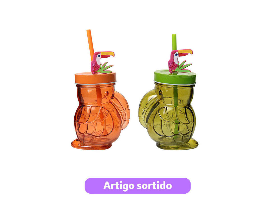 COPO VIDRO COM PALHINHA ACTUEL PAPAGAIO 42CL CORES SORTIDAS