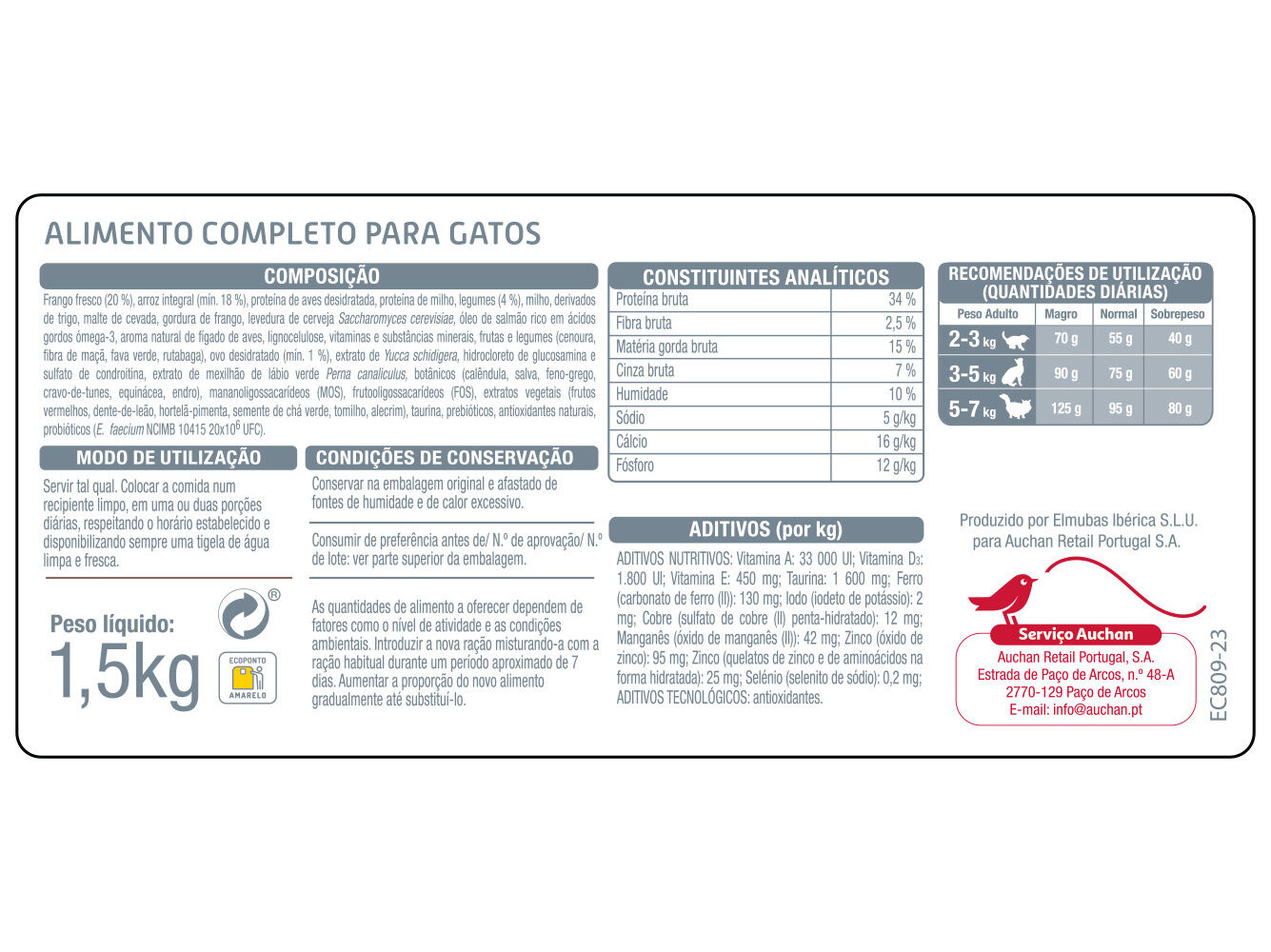 RA&Ccedil;&Atilde;O PARA GATO AUCHAN EXPERT RICO EM FRANGO FRESCO E ARROZ 1.5KG image number 1