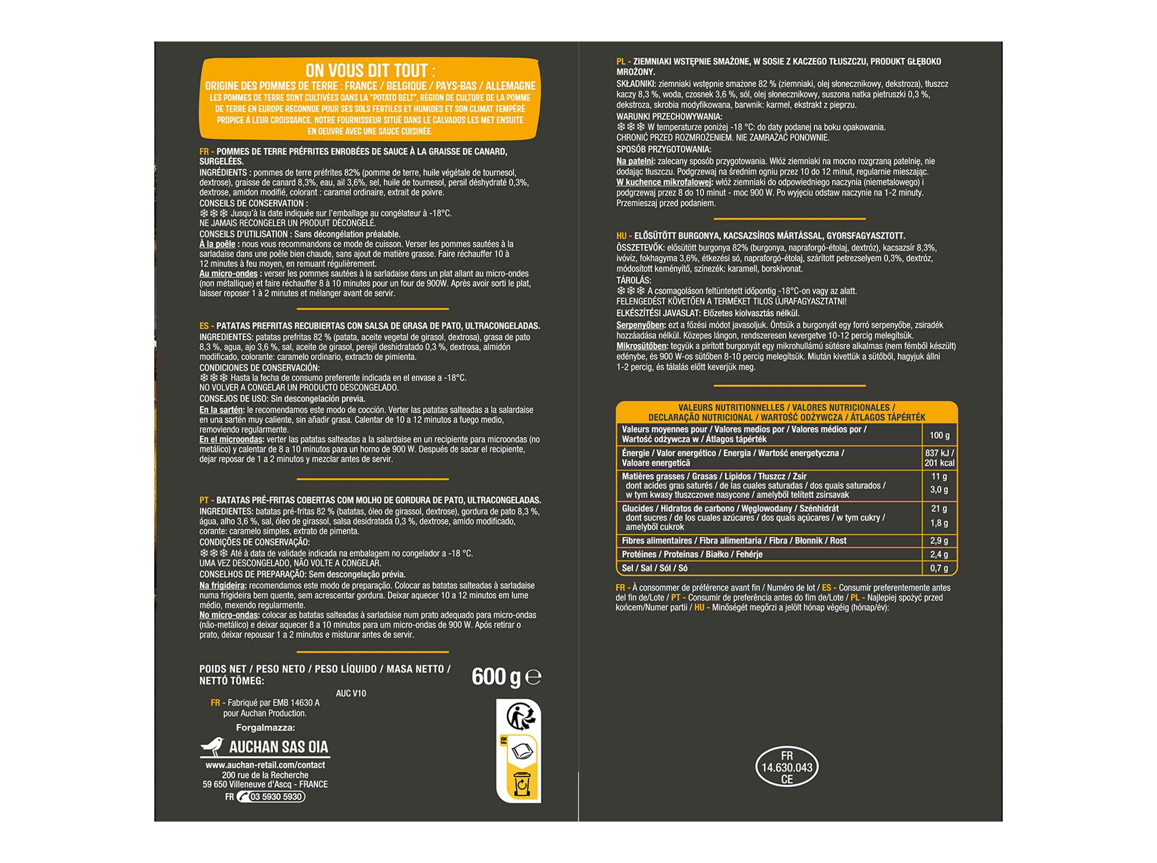BATATAS AUCHAN SALTEADAS &Agrave;S RODELAS &Agrave; LA SARLADAISE 600G image number 1
