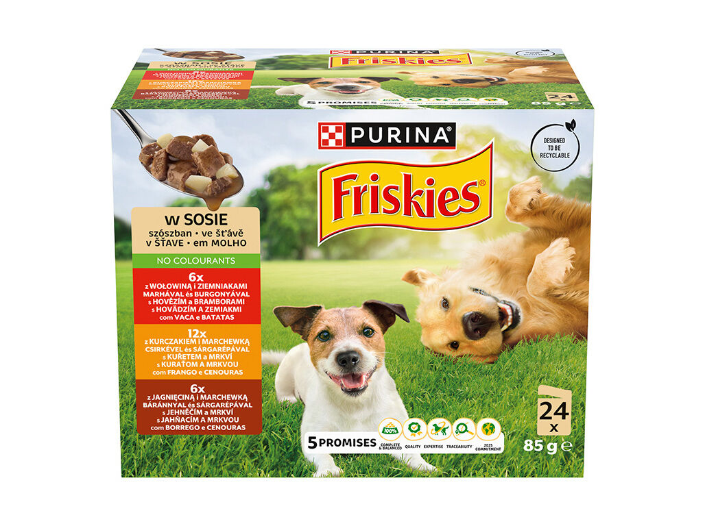 COMIDA H&Uacute;MIDA C&Atilde;O ADULTO FRISKIES VACA/FRANGO/BORREGO 24X85G