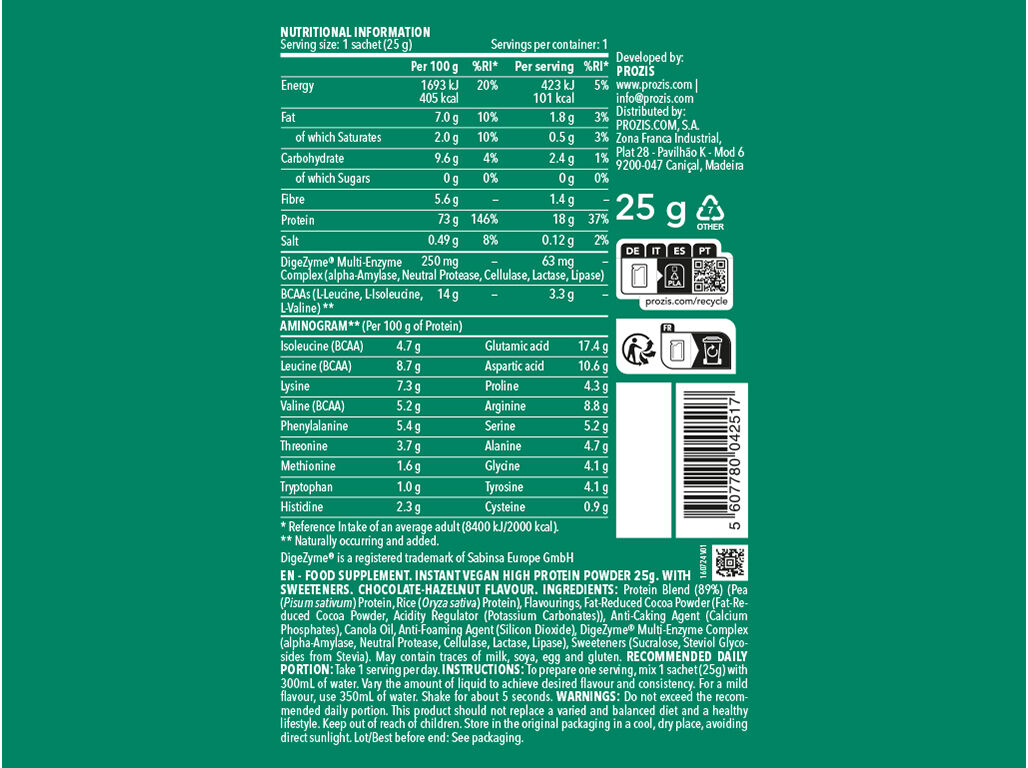 SAQUETA PROTE&Iacute;NA 100% PROZIS VEGAN CHOCOLATE E AVEL&Atilde; 25G image number 1