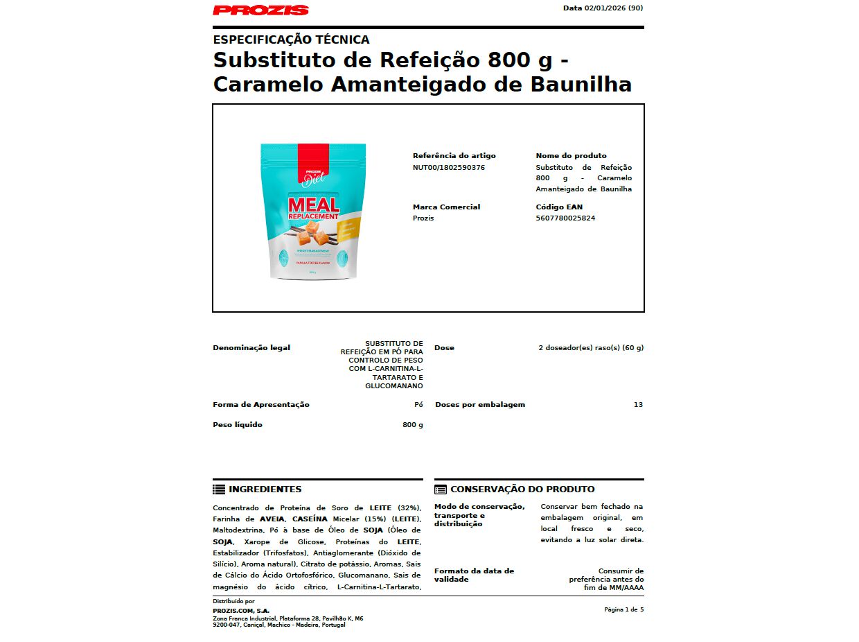 BATIDO SUBST REF PROZIS CARAMELO BAUNILHA 800GR image number 1