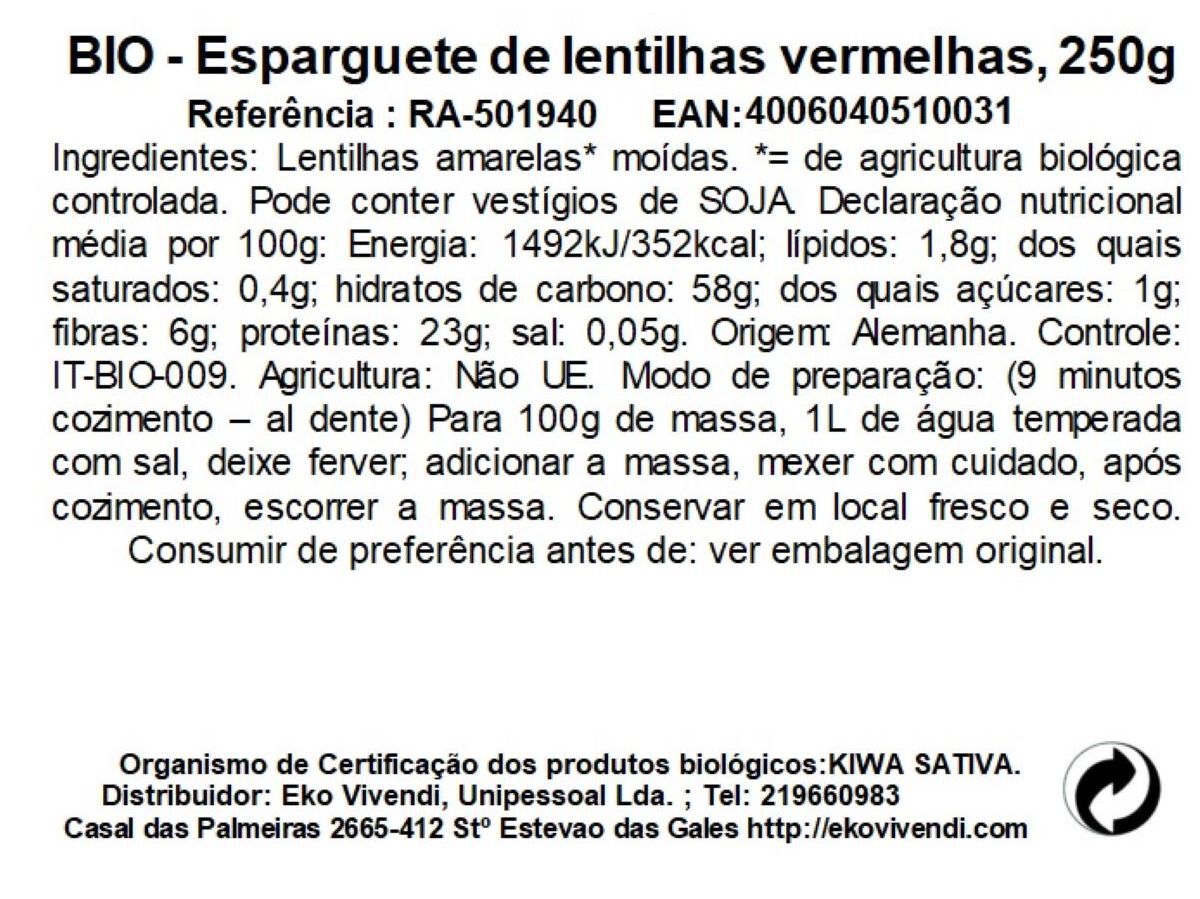 ESPARGUETE BIO RAPUNZEL LENTILHAS VERMELHAS 250G image number 1