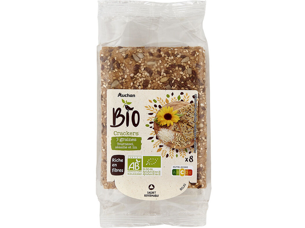 BOLACHAS CRACKERS AUCHAN BIO SEMENTES GIRASSOL S&Eacute;SAMO LINHO 200G