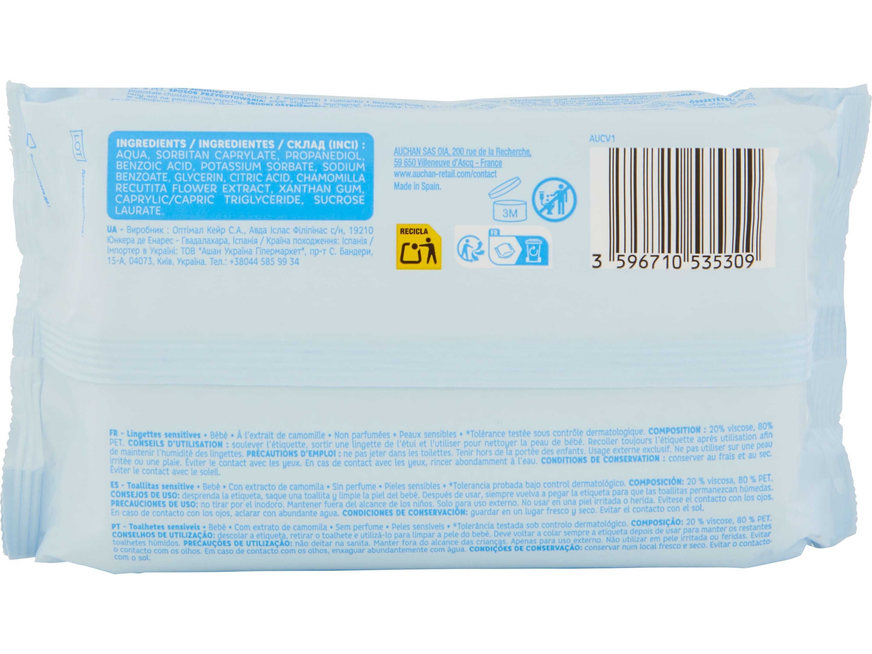 TOALHITAS AUCHAN BABY SENSITIVE C/CAMOMILA 3X64UN image number 1