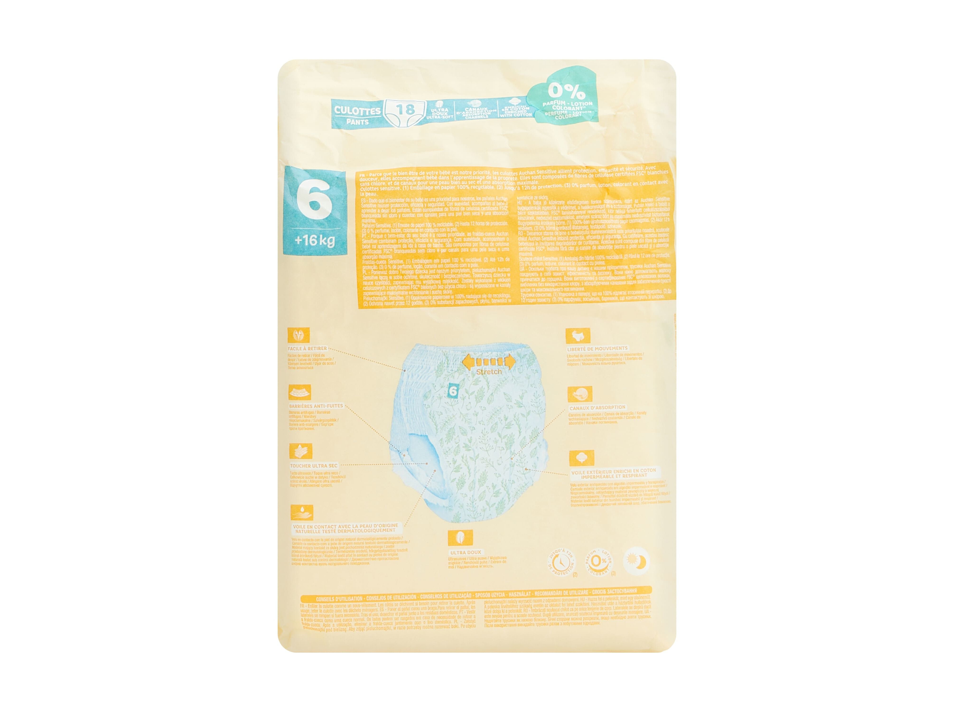 FRALDAS CUECA AUCHAN BABY SENSITIVE ECOL&Oacute;GICAS TAMANHO 6 +16KG 18UN image number 1